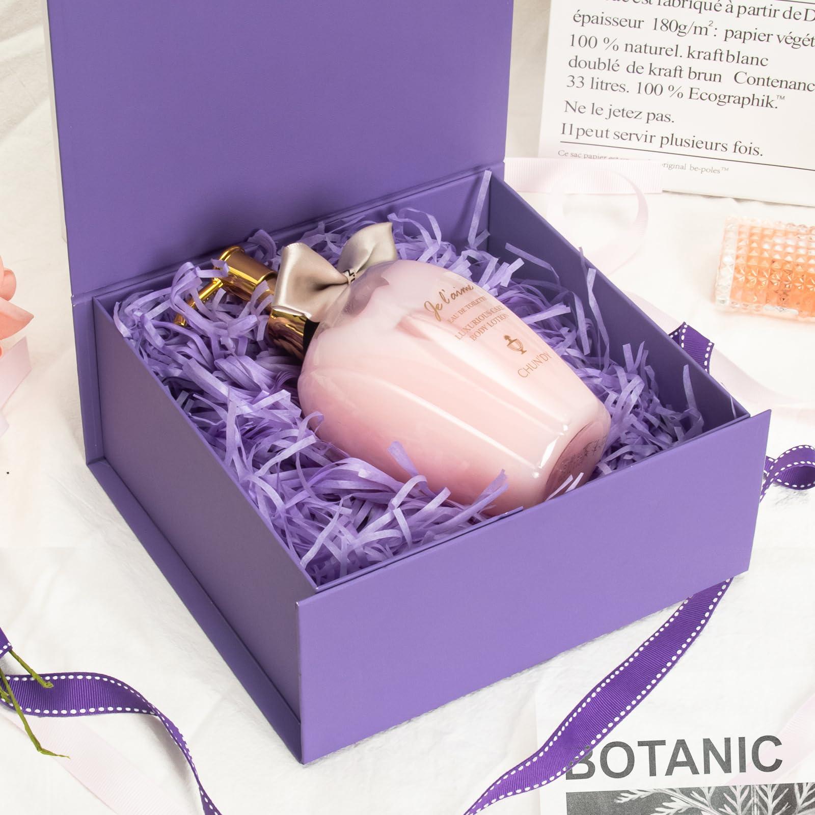 NOVELTYBOXUSA Purple Gift Boxes with Lids Pack of 1, 6x6x3 Inches Small Gift Box with Ribbon, Collapsible Gift Boxes with Magnetic Closure for Presents, Bridesmaid Proposal Box for Family Mom Girlfriend