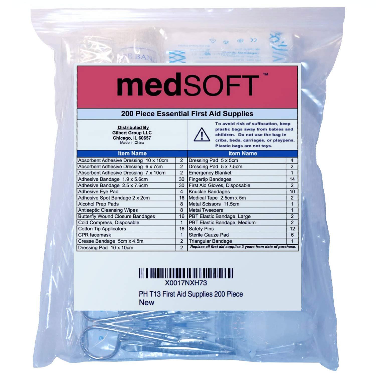 MedSoft First Aid Kit Refill - 200 Piece - Extra Replacement Supplies, Loose Packed Restock Supply Pack