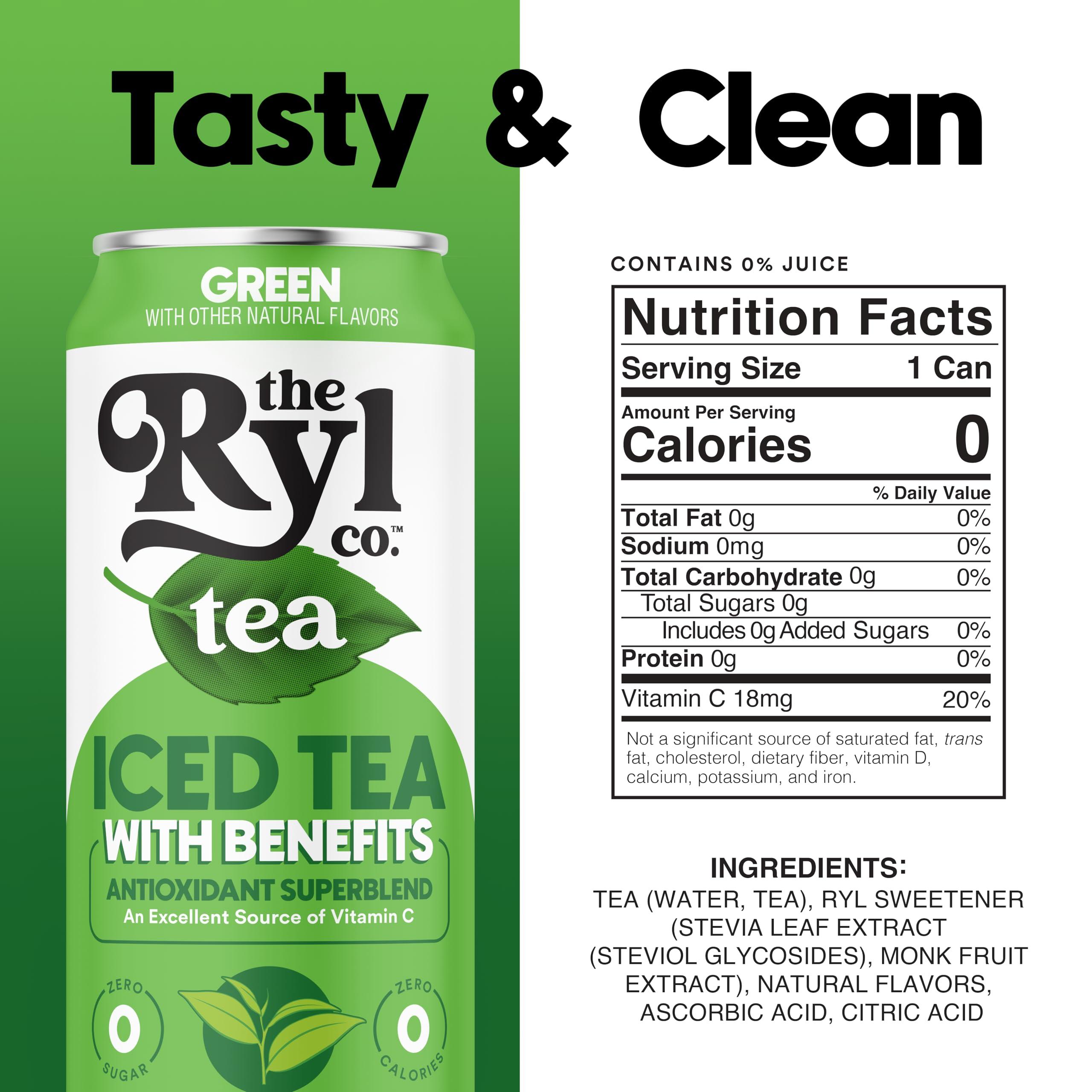 The Ryl Co Ryl Iced Tea, Green, Antioxidant Superblend, Zero Sugar, Low Carb, Zero Calorie Iced Tea, 16.0 Fl Oz (12-Pack)