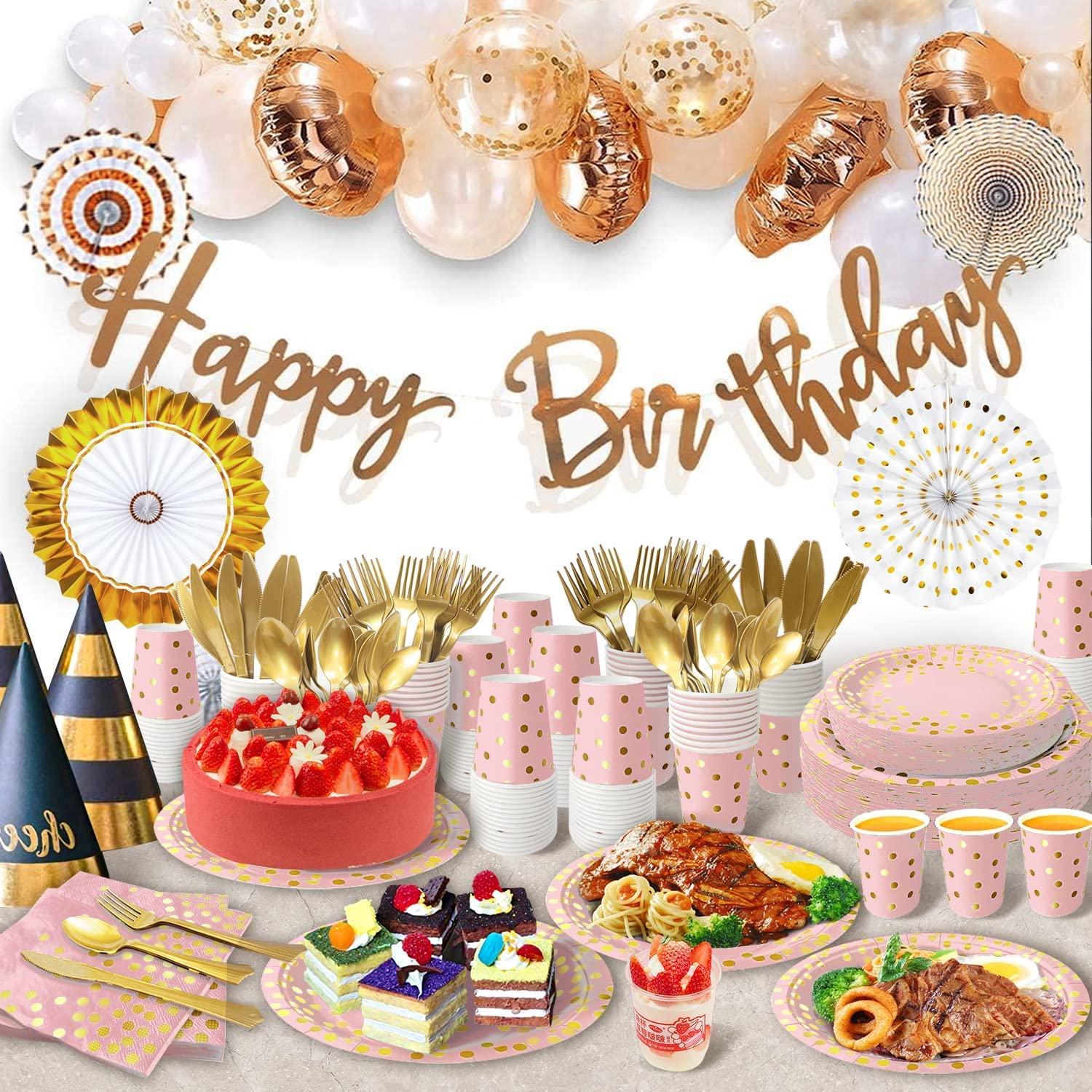 AIRE 350PCS Pink and Gold Party Plates with 6Pack Black and Gold Plastic Tablecloth, Severs 25 Disposable Party Supplies, Just Enjoy Your Party