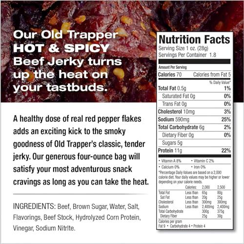 Old Trapper Old Trapper Beef Jerky, Hot & Spicy Flavor, 1.8-Ounce Individual Packs, Great Size for Quick Snacking, 11 Grams of Protein and 70 Calories Per Serving (Pack of Six)