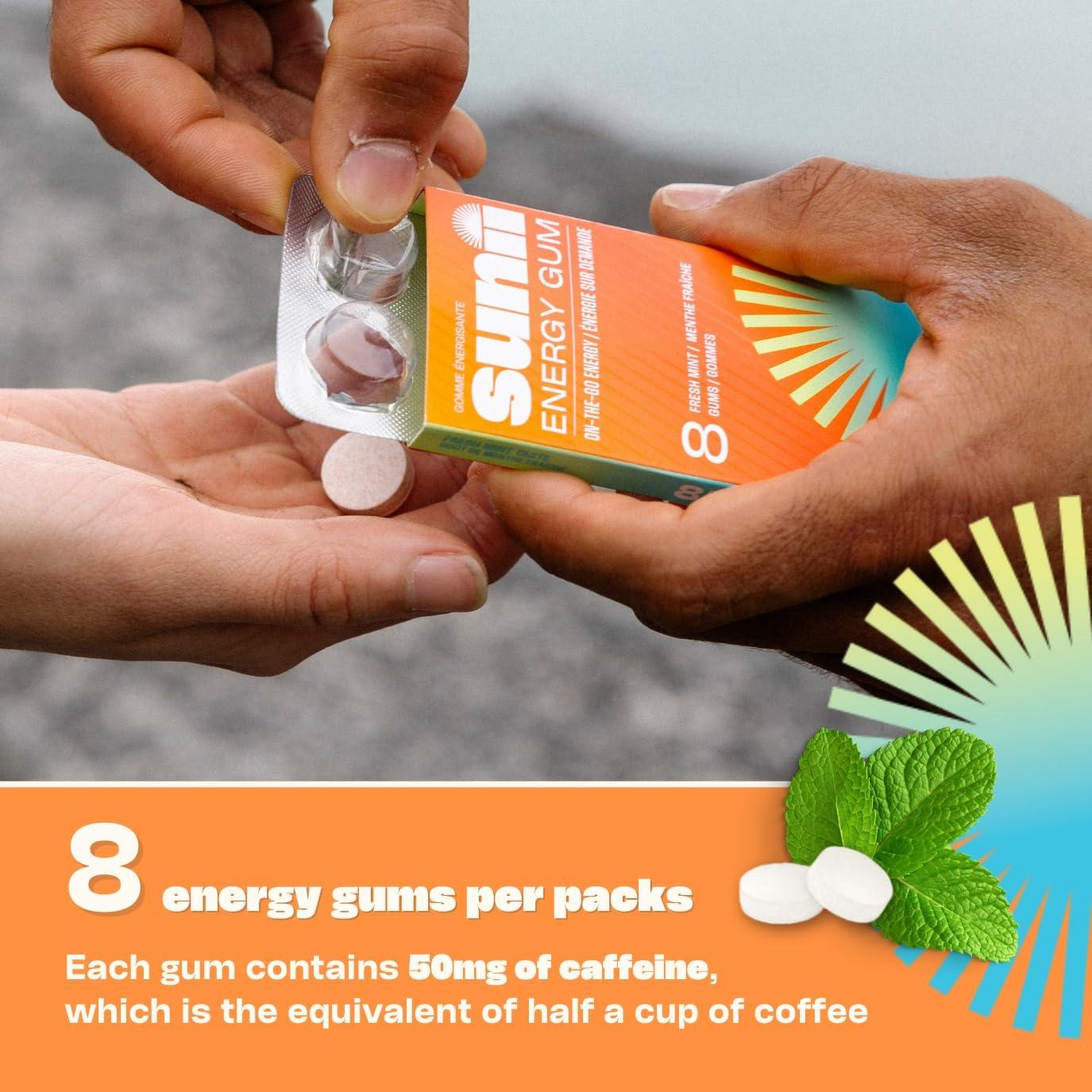 SUNII ENERGY GUM Sunii - Energy Gum - NEW Quick Boost Energy & Focus - 50mg Caffeine Gum -Vitamins B6 & B12, Taurine, Vegan, No Sugar, Zero Calorie, Fresh Mint Taste - Faster than Chews, Drinks, Gels & Pills (48pcs)