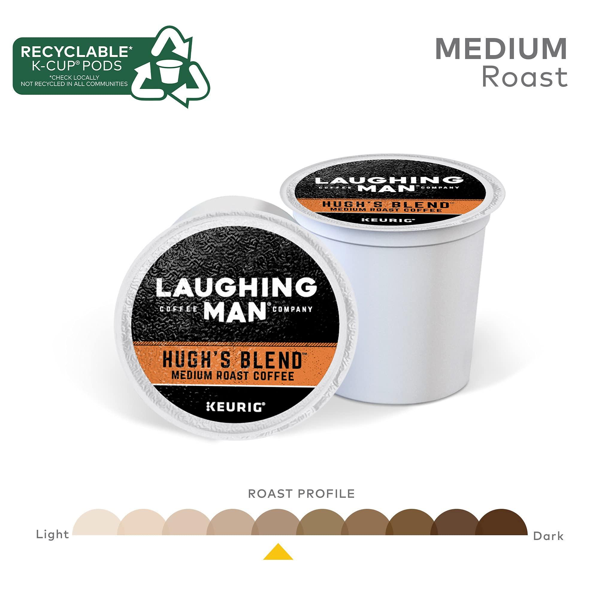 LAUGHING MAN Laughing Man Hughs Blend Keurig Recyclable K-Cup Coffee Pods, Single-Serve Fair Trade Medium Roast Arabica Coffee for use with Keurig Coffee Makers, 88 Count (4 Packs of 22)