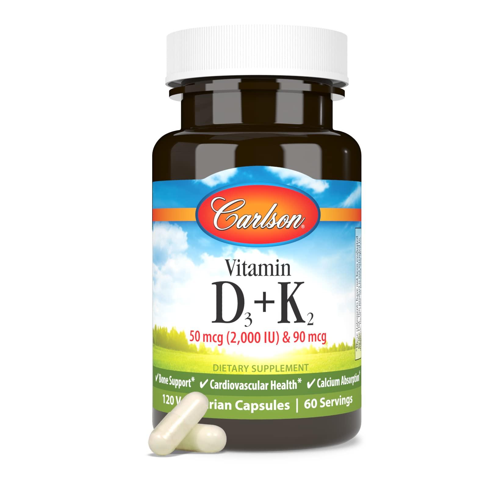 Carlson Carlson - Vitamin D3 + K2, 50 mcg (2000 IU) Vitamin D3 & 90 mcg Vitamin K2 as MK7, Bone Support, Calcium Absorption, 120 Capsules