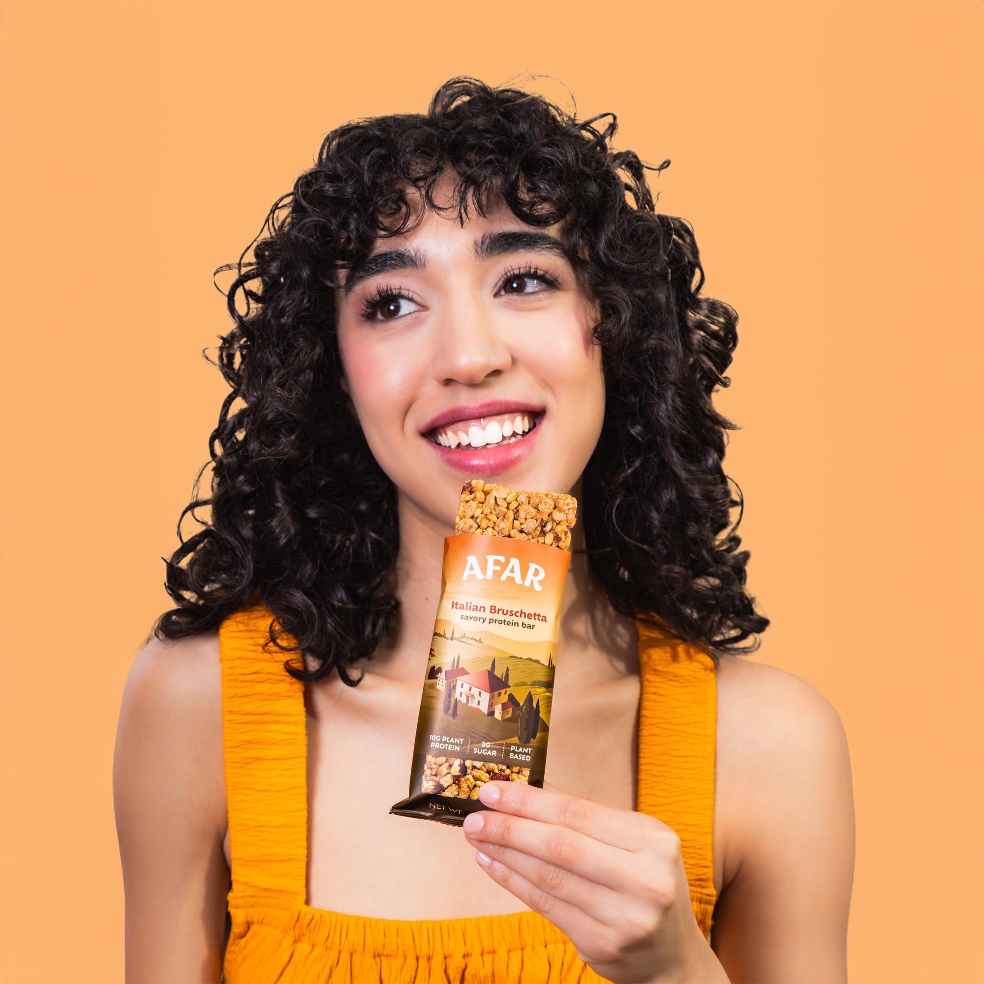 Afar Afar Savory Protein Bars Low Sugar, High Protein Healthy Snack for Adults Meal Replacement Bar Rice Crispy Texture Vegan, Gluten Free 8 Bars (Italian Bruschetta)