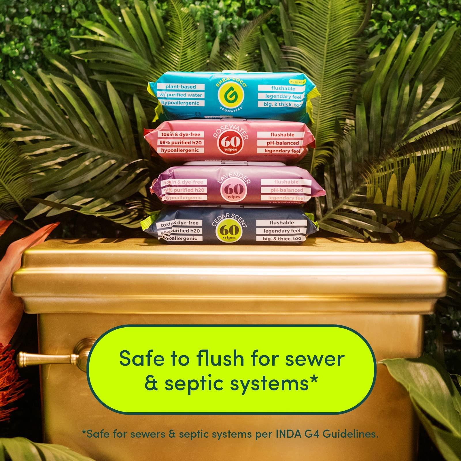 goodwipes Goodwipes Flushable Butt Wipes Made with Vitamin E & Aloe - Soft & Gentle Wet Wipe Dispenser for Home Use, Septic & Sewer Safe - Largest Adult Toilet Towelettes - Lavender, 360 Count (6 Packs)