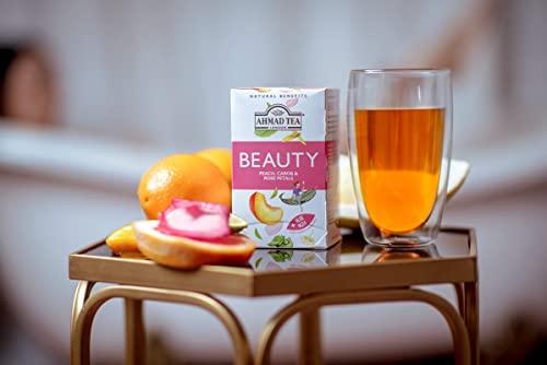 Ahmad Tea Ahmad Tea Herbal Tea, Peach, Carob, and Rose Petals 'Beauty' Natural Benefits Teabags, 20 ct (Pack of 6) - Decaffeinated & Sugar-Free