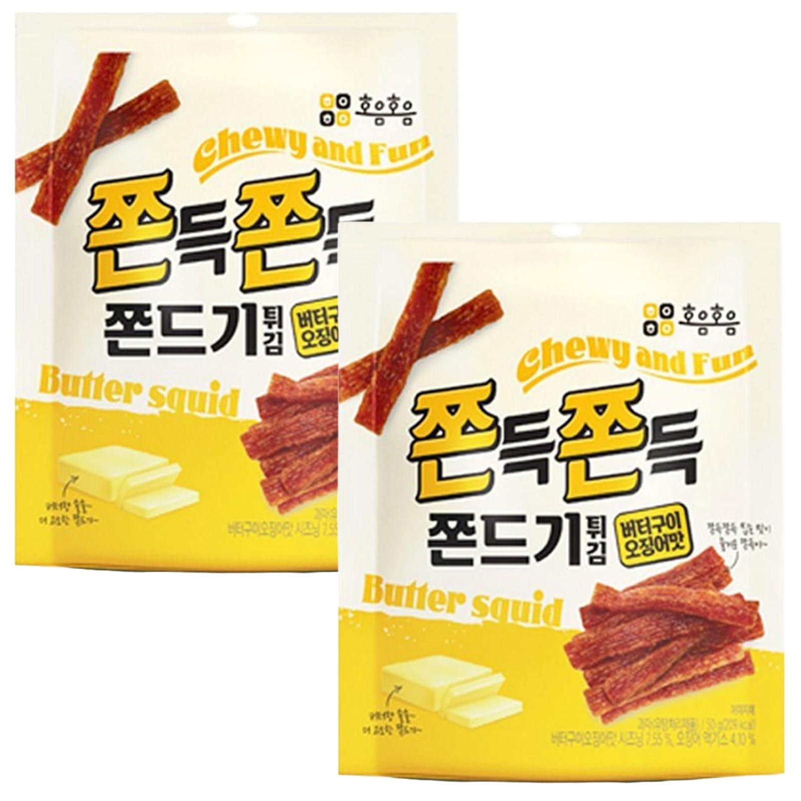 MENBLY Jjondigi Korean Old School Snack Jjondgi 2 Pack Set (Tteokbokki/Butter squid/Spicy Buldak) (Butter-Grilled Squid Flavor)