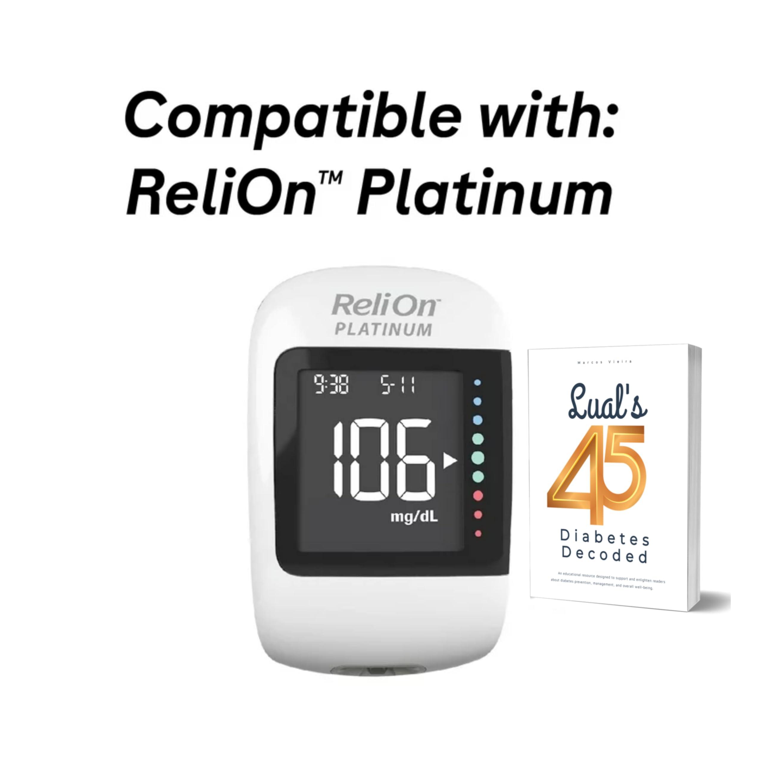 LUAL ReliOn Platinum Blood Glucose Test Strips | Test Strips for Diabetes | Blood Sugar Test Strips | Diabetic Test Strips | 50 Test Strips Bundle with Lual\'s 45 Diabetes Decoded