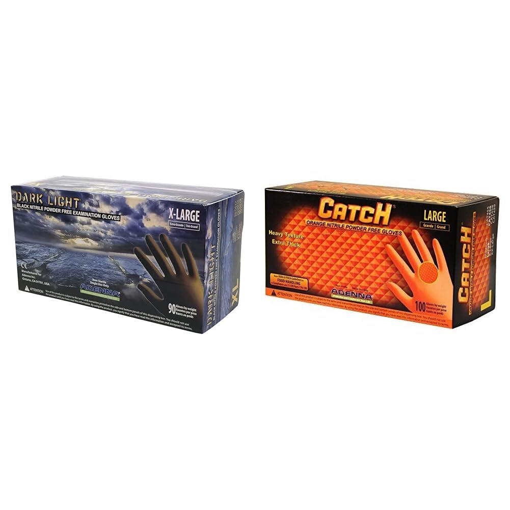 Adenna Adenna DLG678 Dark Light 9 mil Black X-Large Nitrile Exam Gloves Box of 90 and CAT456 Orange Large Raised Grip Nitrile Gloves Box of 100 Bundle