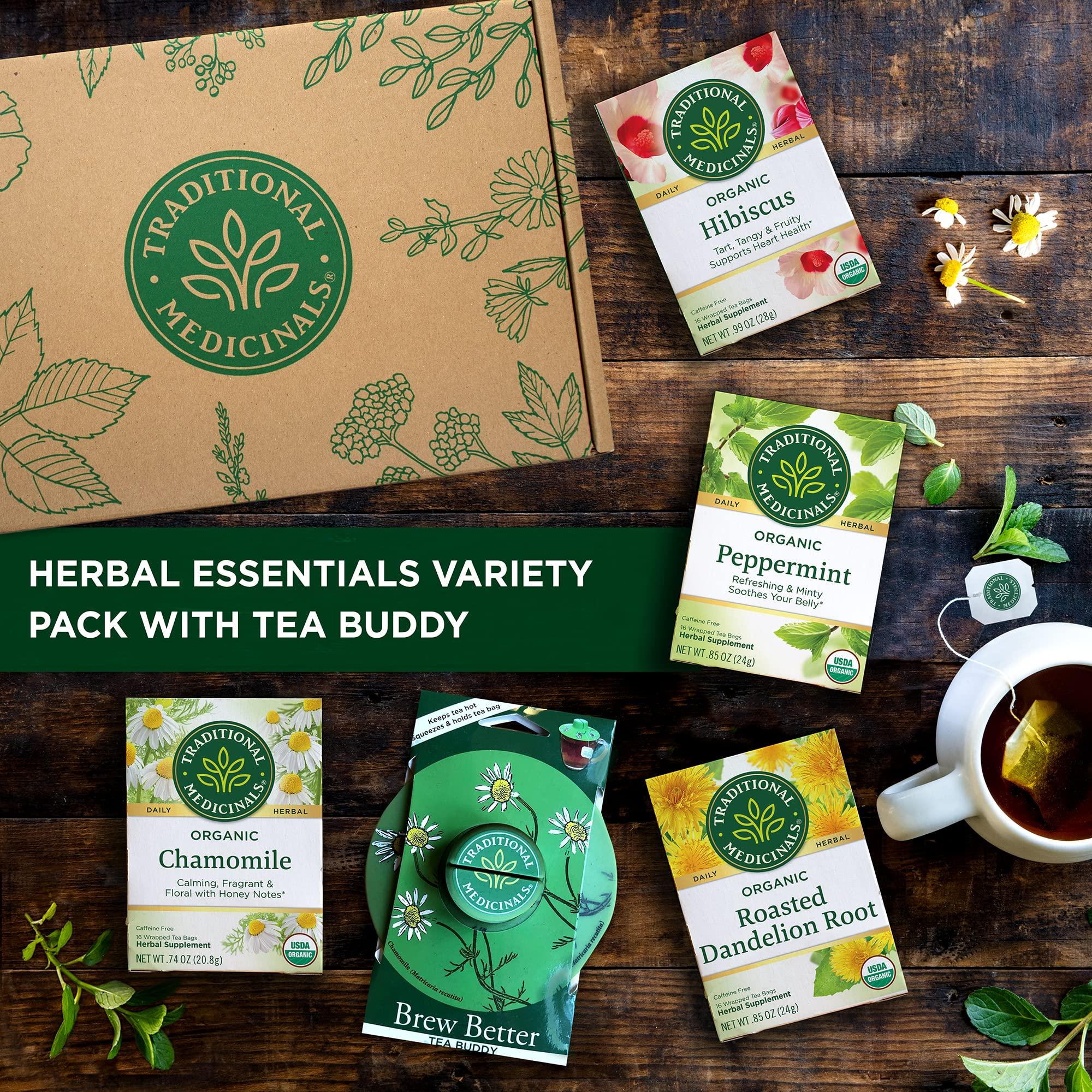 Traditional Medicinals Traditional Medicinals, Organic Variety Pack for Wellness in Four Soothing Flavors, Includes Peppermint, Chamomile, Hibiscus, Roasted Dandelion Root, Tea Buddy, 64 Tea Bags, (4 Pack)