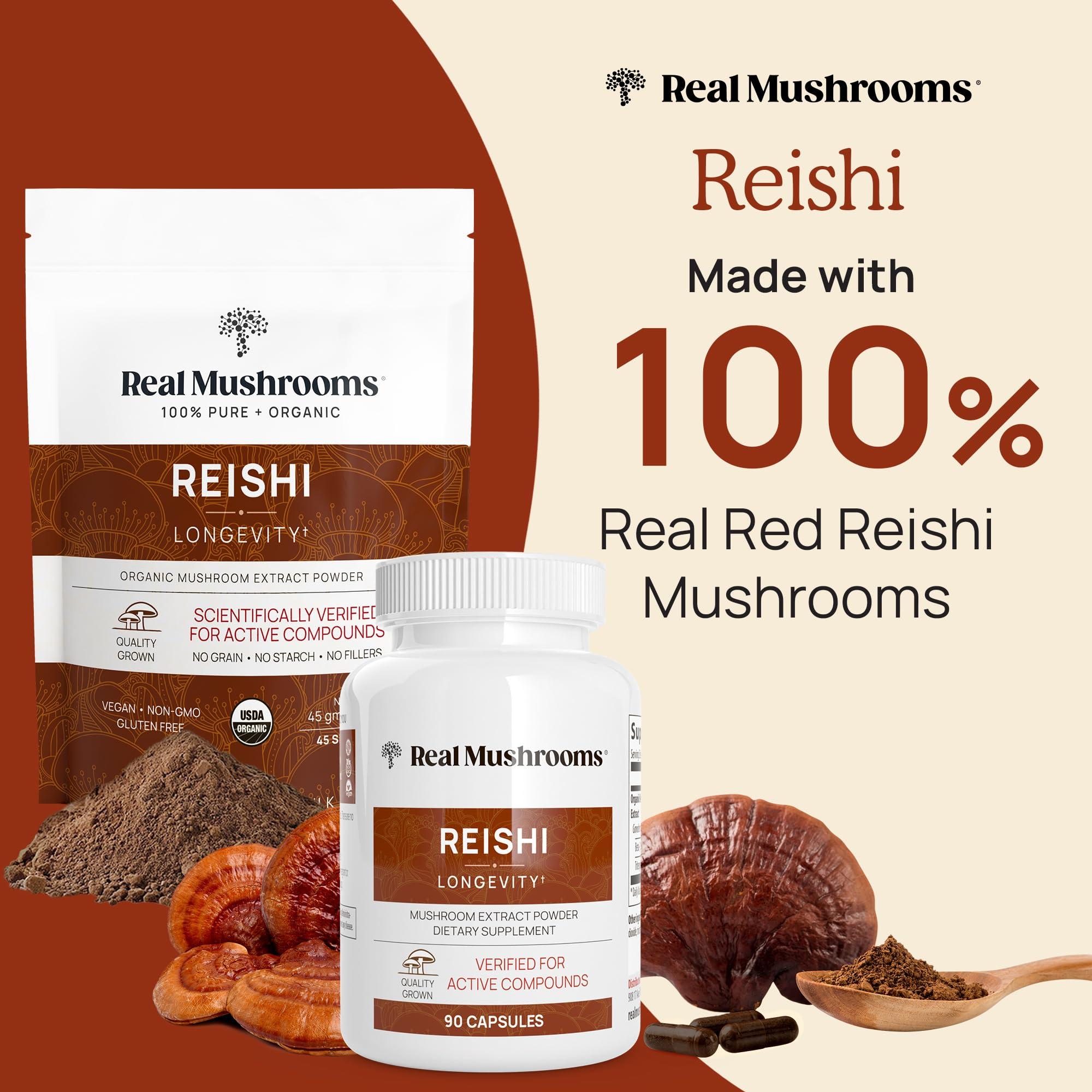 Real Mushrooms Real Mushrooms Reishi Capsules - Organic Mushroom Extract Supplement with Potent Red Vegan Supplement, Non-GMO, 90 Caps