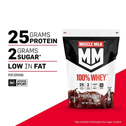 Muscle Milk Muscle Milk 100% Whey Protein Powder, Vanilla, 5 Pound, 66 Servings, 25g Protein, 2g Sugar, Low in Fat, NSF Certified for Sport, Energizing Snack, Workout Recovery, Packaging May Vary