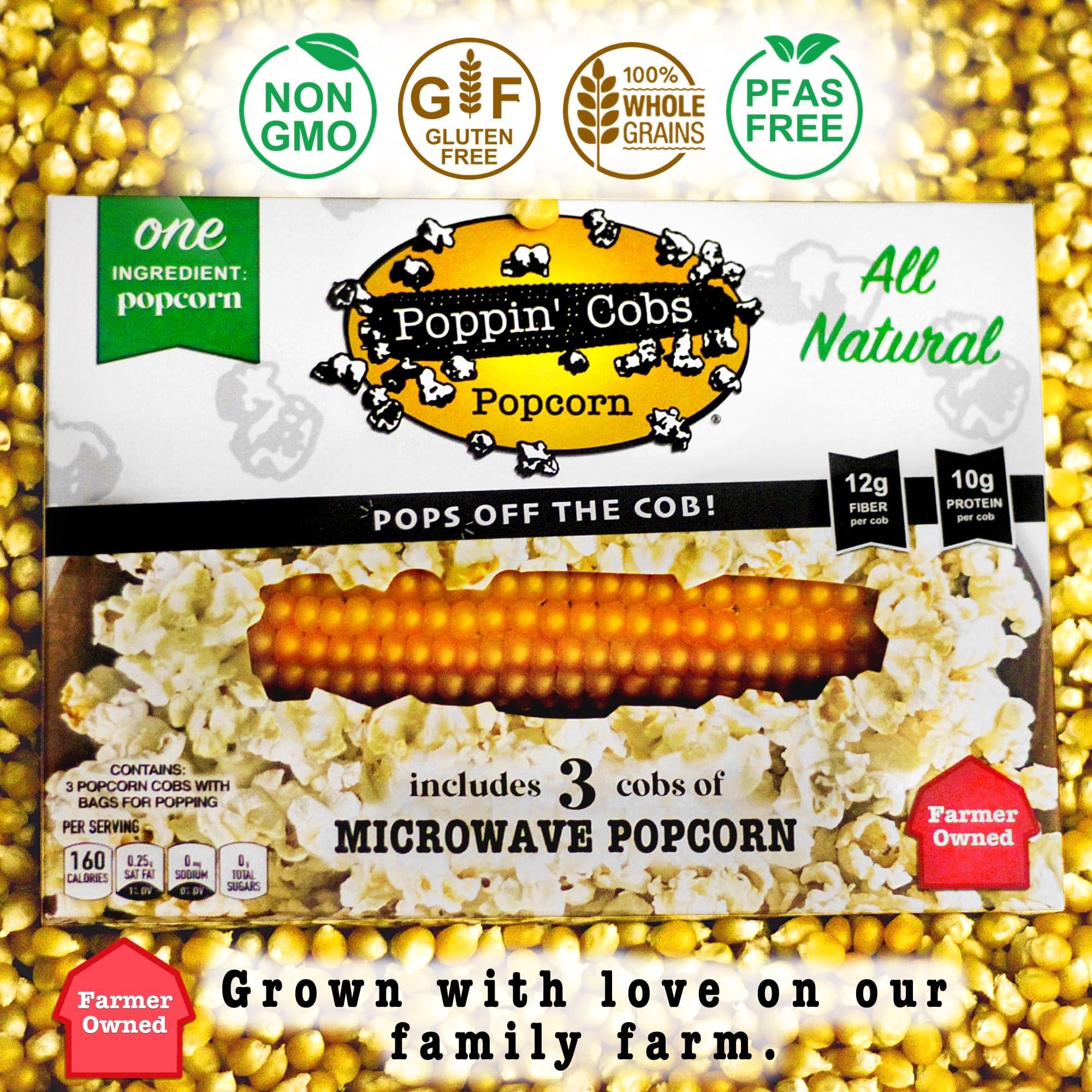 Poppin' Cobs Microwave Popcorn on the Cob - Pops off the Cob | Poppin\' Cobs Popcorn | Individually Wrapped Popcorn Cobs with 3 Bags For Popping | Single Ingredient | Gluten Free | Non-GMO | Single Harvest | Farm Fresh | Farmer Owned