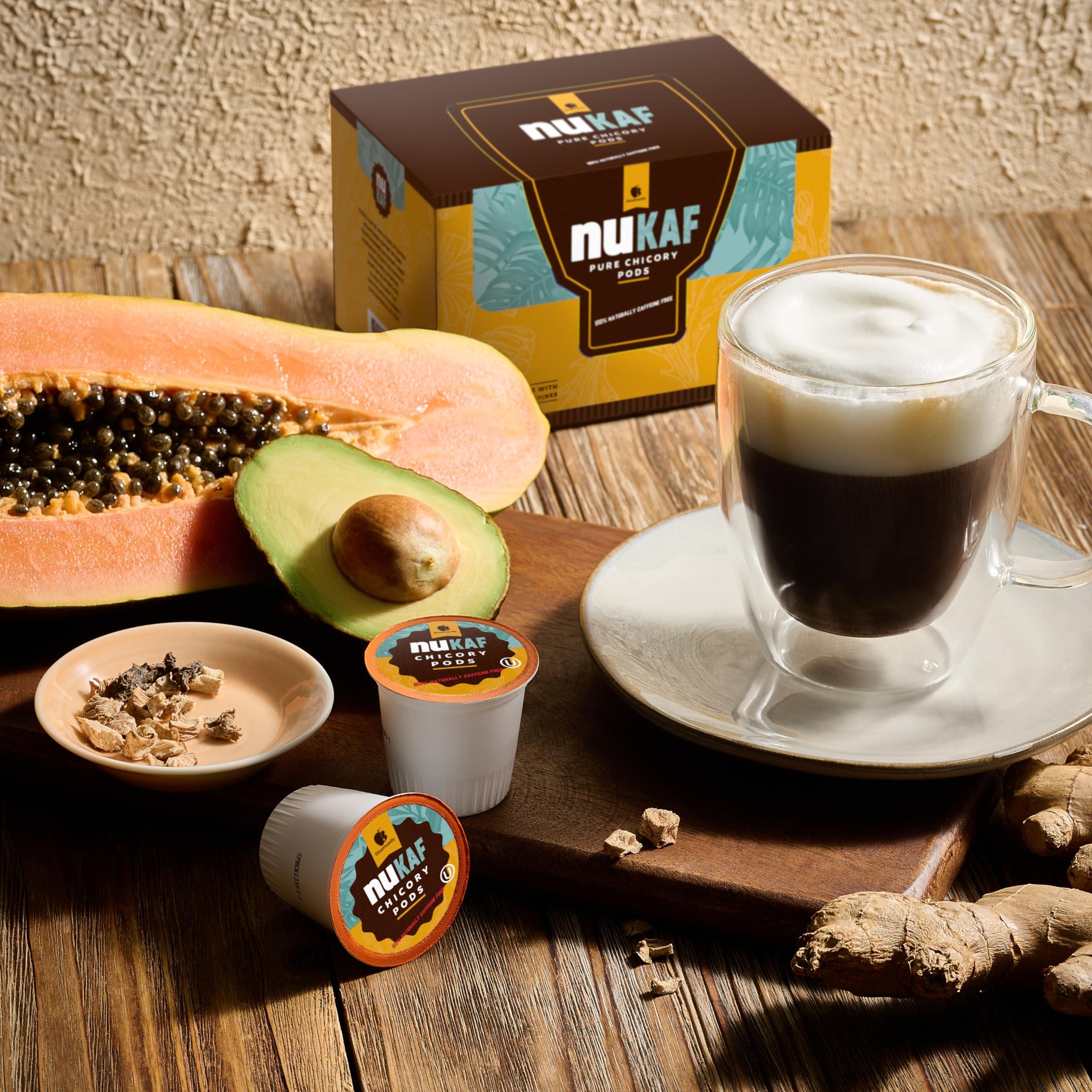 Gourmanity nuKAF Chicory K Cups | Kosher Chicory Root K Pods for your Keurig | 100% Caffeine Free | Keurig K Cups Coffee Alternative by Gourmanity [6 boxes of 12 pods each | 72 total pods]