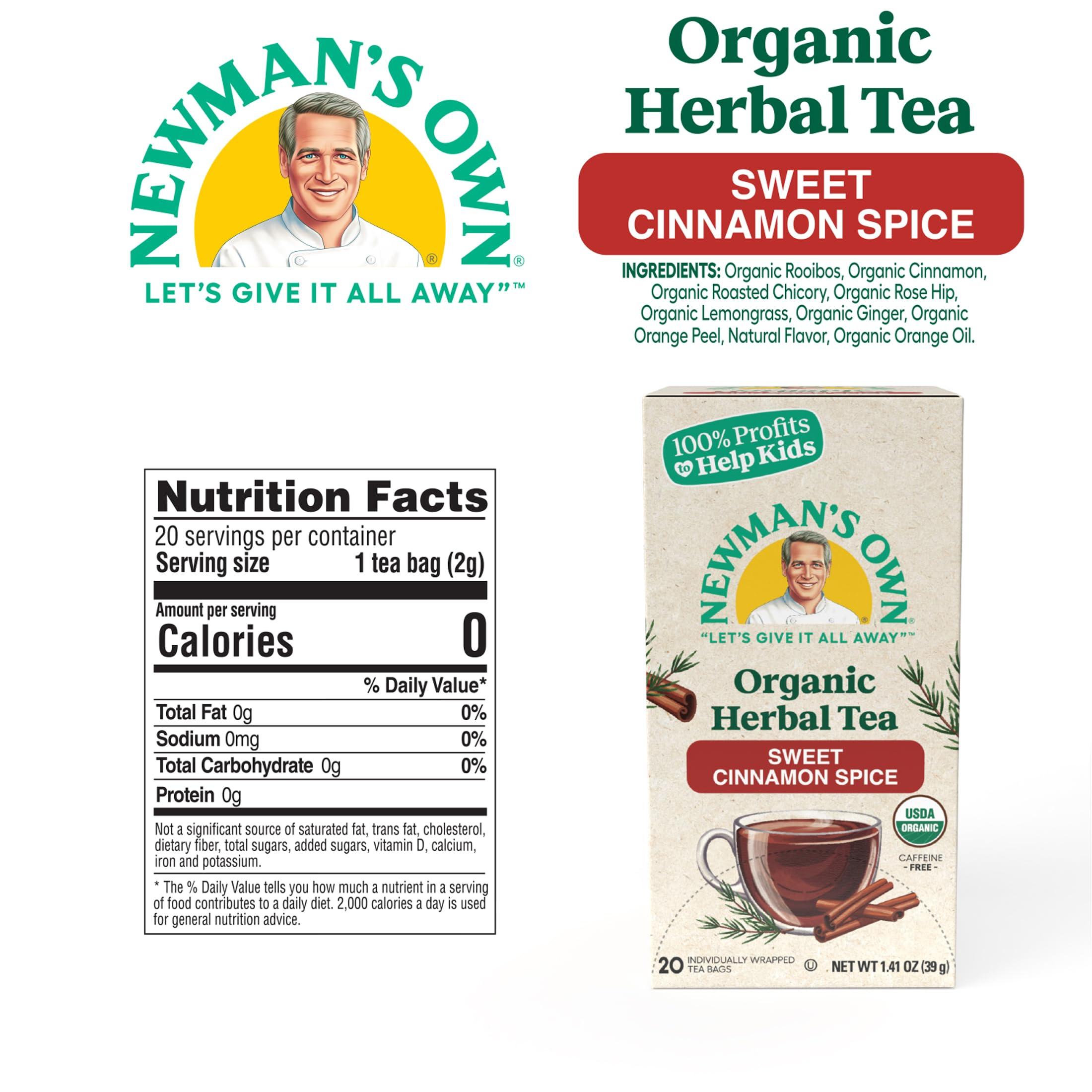 Newman's Own Newman's Own Organic Sweet Cinnamon Spice Herbal Tea with Rooibos Tea with Organic Ginger 20 Individually Wrapped Tea Bags Per Box (Pack of 2) USDA Certified and Kosher Cinnamon Tea Caffeine-Free