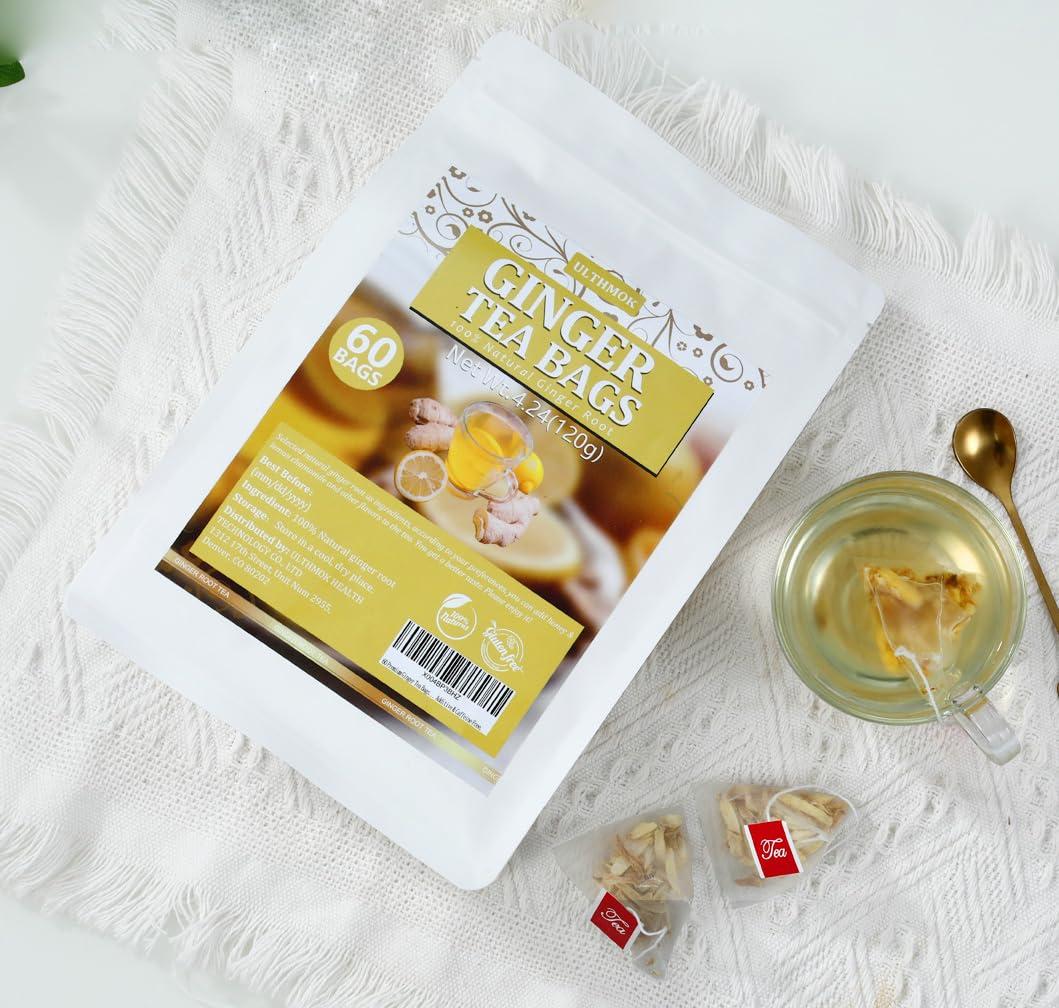 ULTHMOK 60 Premium Ginger Tea Bags, Made with 100% Natural Ginger Root, Warm & Spicy, Support Digestion & Boost Immunity, No Additives & Caffeine Free.