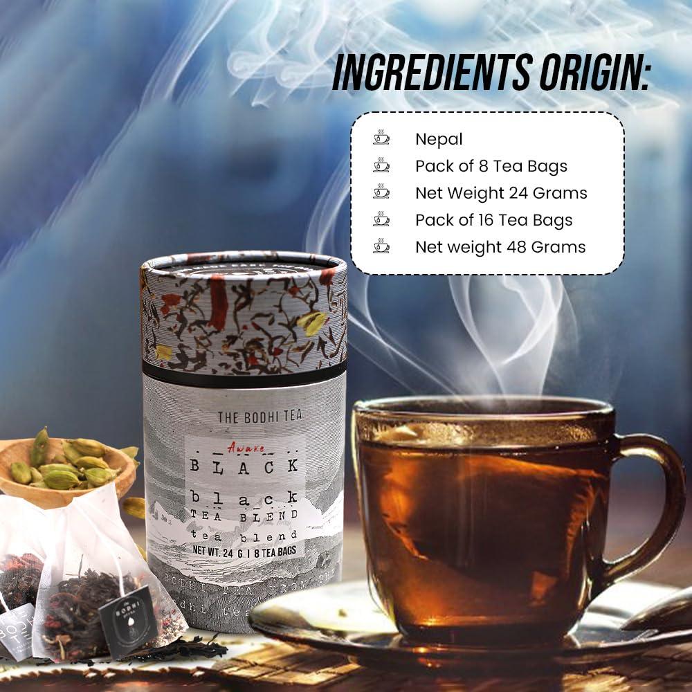 The Bodhi Press The Bodhi Press 100% Natural Ingredients Awake Black Tea Blend, Caffeine Free | Premium Pyramid Black Tea Bags, Cardamom & Rhododendron Flower | Aromatic Beverage - 8 Bags, 3g Each
