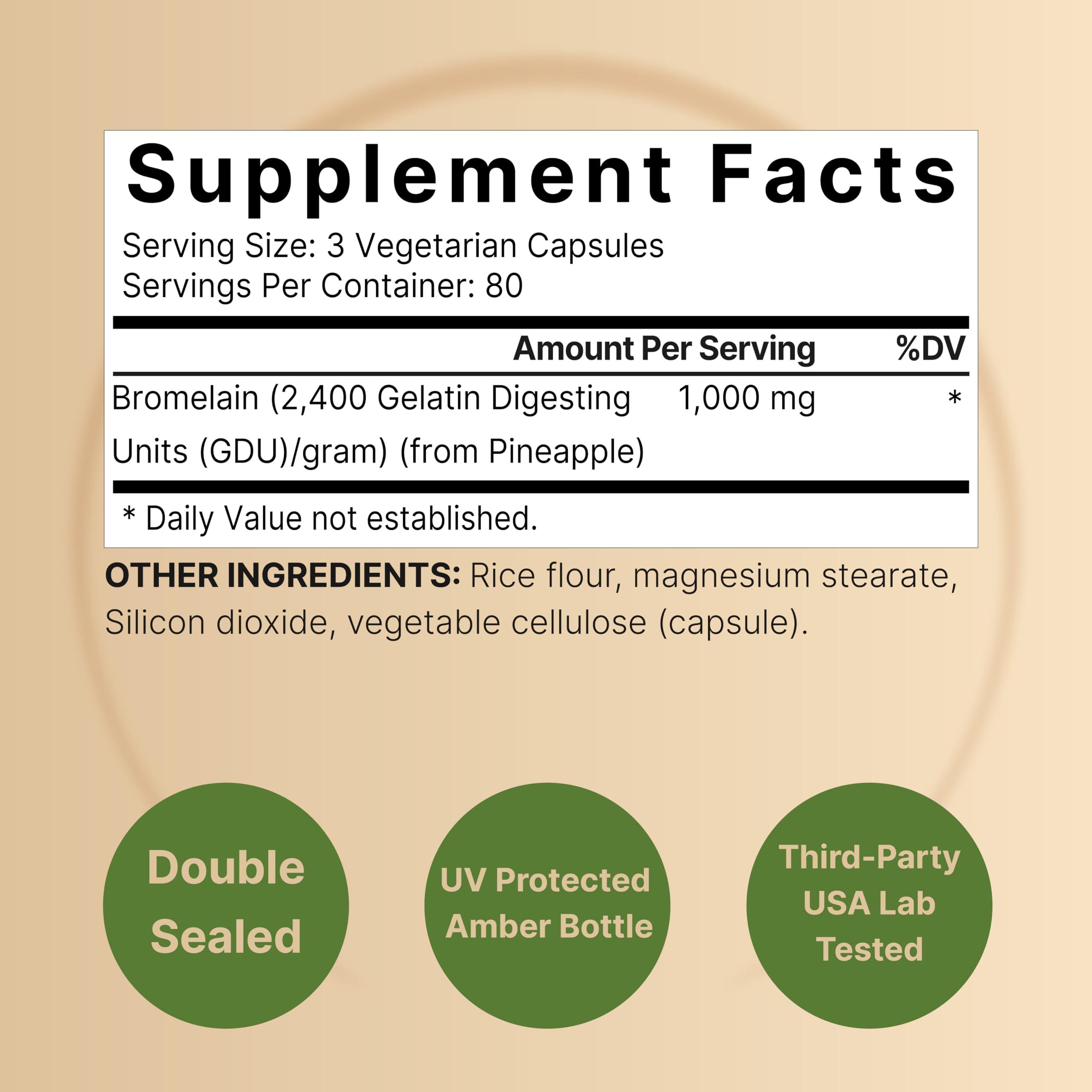 NatureBell NatureBell Bromelain, 1,000mg Per Serving, 240 Veggie Capsules | 2,400 GDU Digestive Enzymes & Joint Support Supplement Proteolytic Enzymes for Digestion, Fresh Pineapple Source Non-GMO