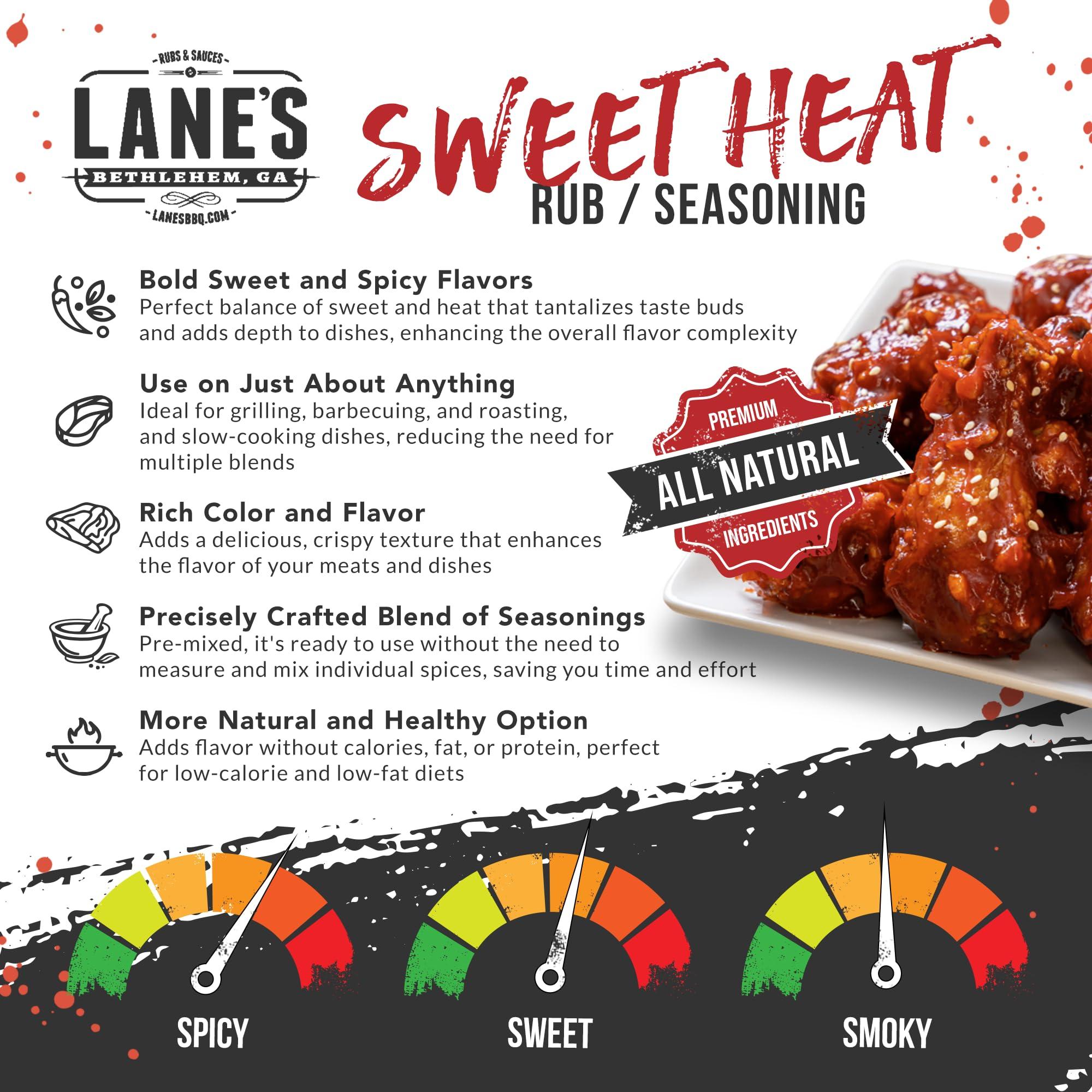 Lane\'s Lane\'s Sweet Heat Rub Seasoning, All-Natural BBQ Brisket Rub Goes Well with Butt Rub Seasoning, No MSG Brisket Seasoning &, Made in USA, 10.4 Oz