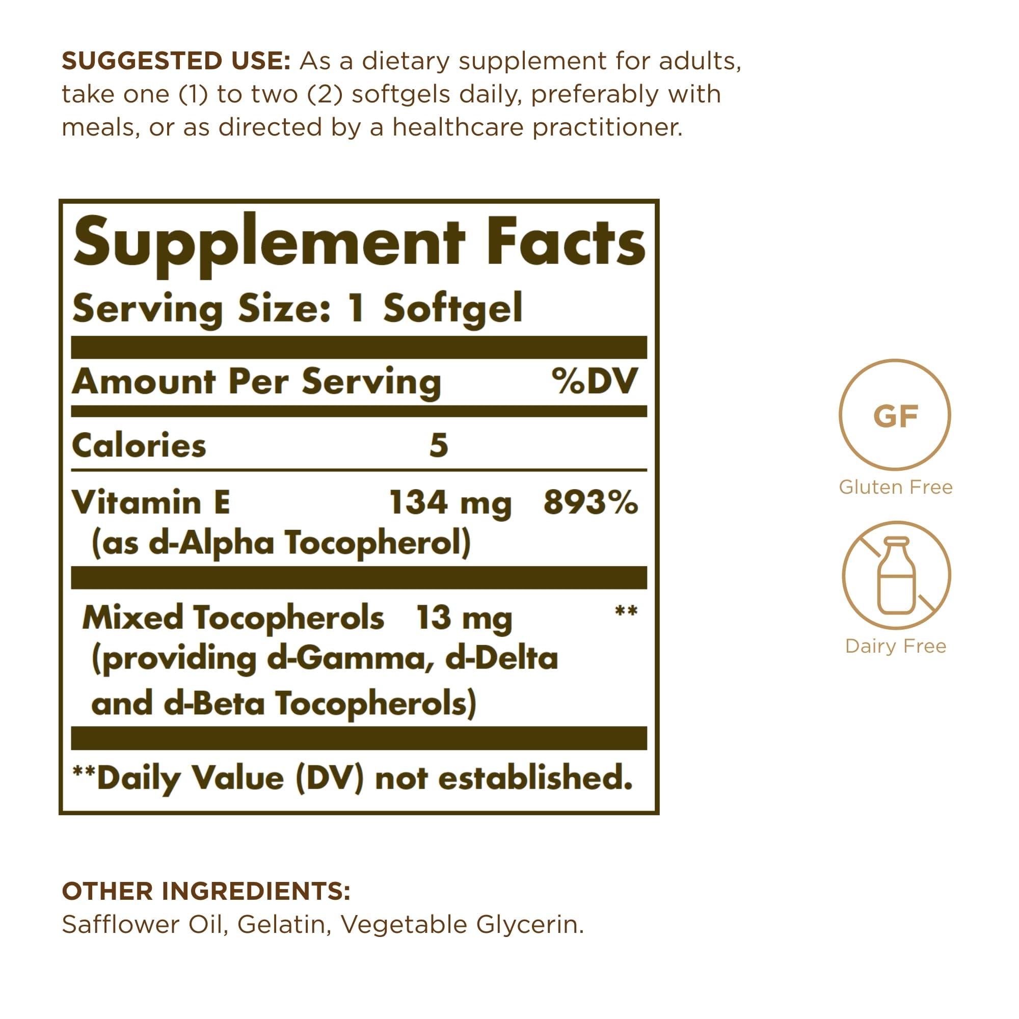 Solgar Solgar Vitamin E 200 IU - 100 Softgels - Natural Antioxidant, Immune System Support - Gluten Free, Dairy Free - 100 Servings