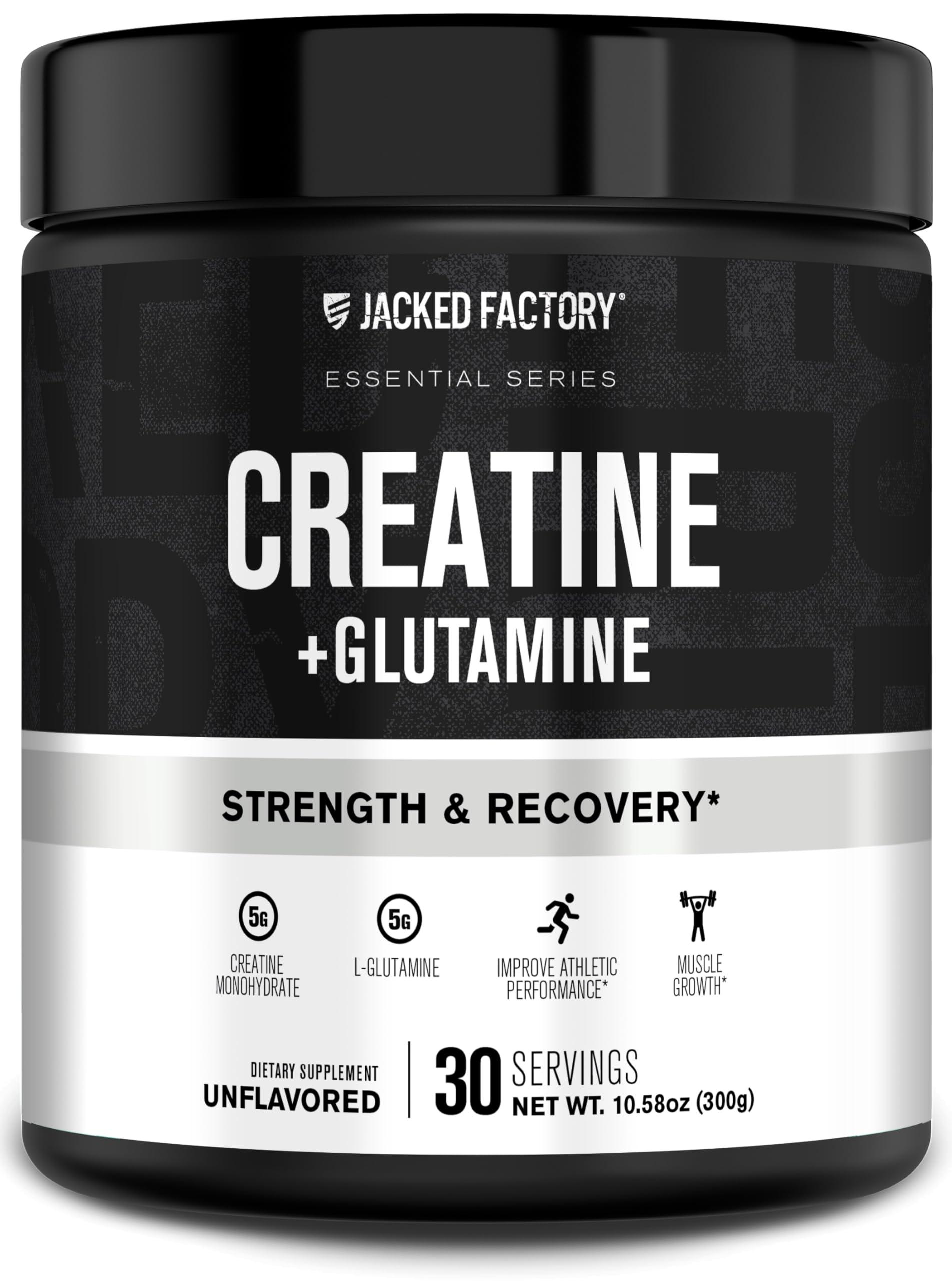 Jacked Factory Creatine + Glutamine - Creatine Supplement with L-Glutamine for Muscle Recovery, Muscle Growth, Increased Strength, Enhanced Energy Output, and Gut Health - 30 Servings, Unflavored