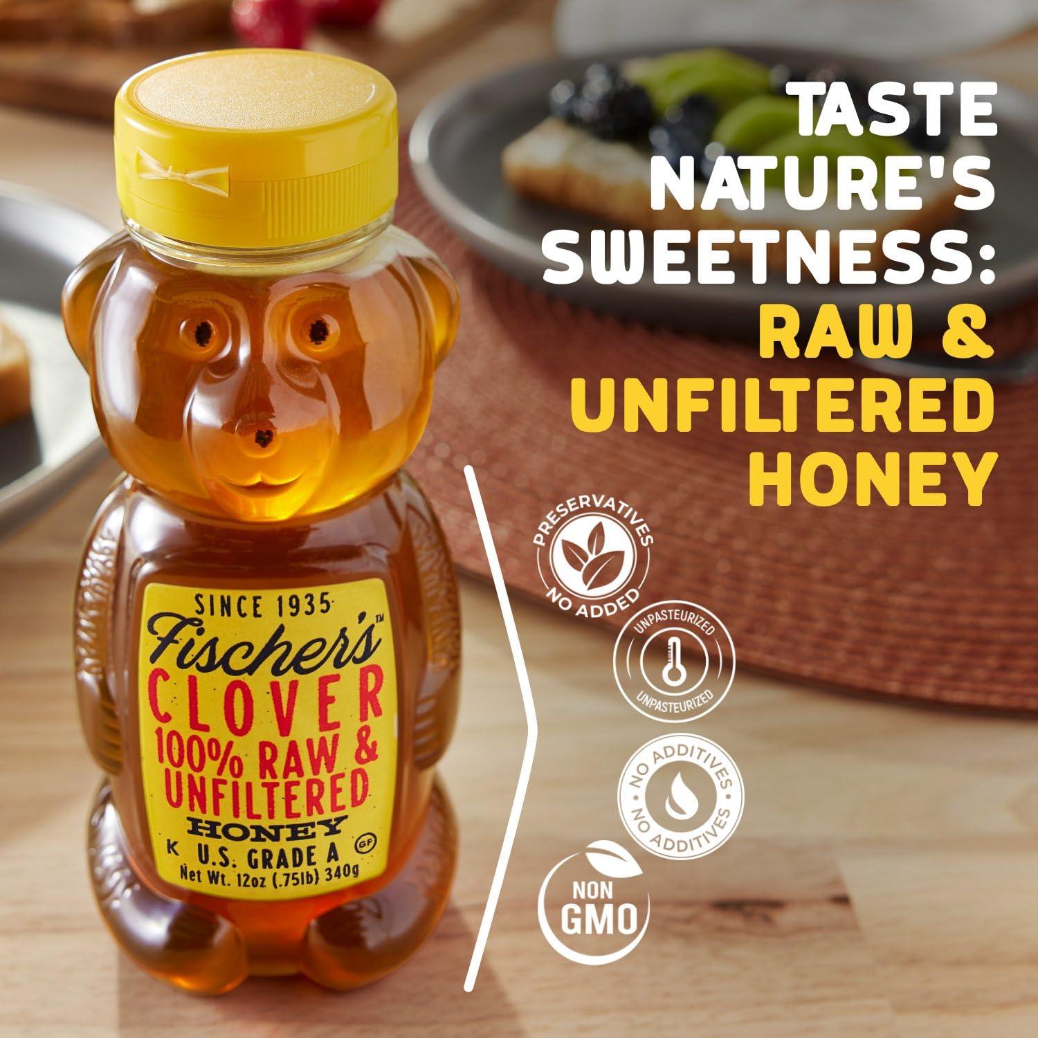 Fischer\'s Fischers 100% Clover Honey, 12 Oz Pure, Raw & Unfiltered Honey Squeezable Honey Bear Bottle Gluten-Free, Non-GMO All-Natural Sweetener