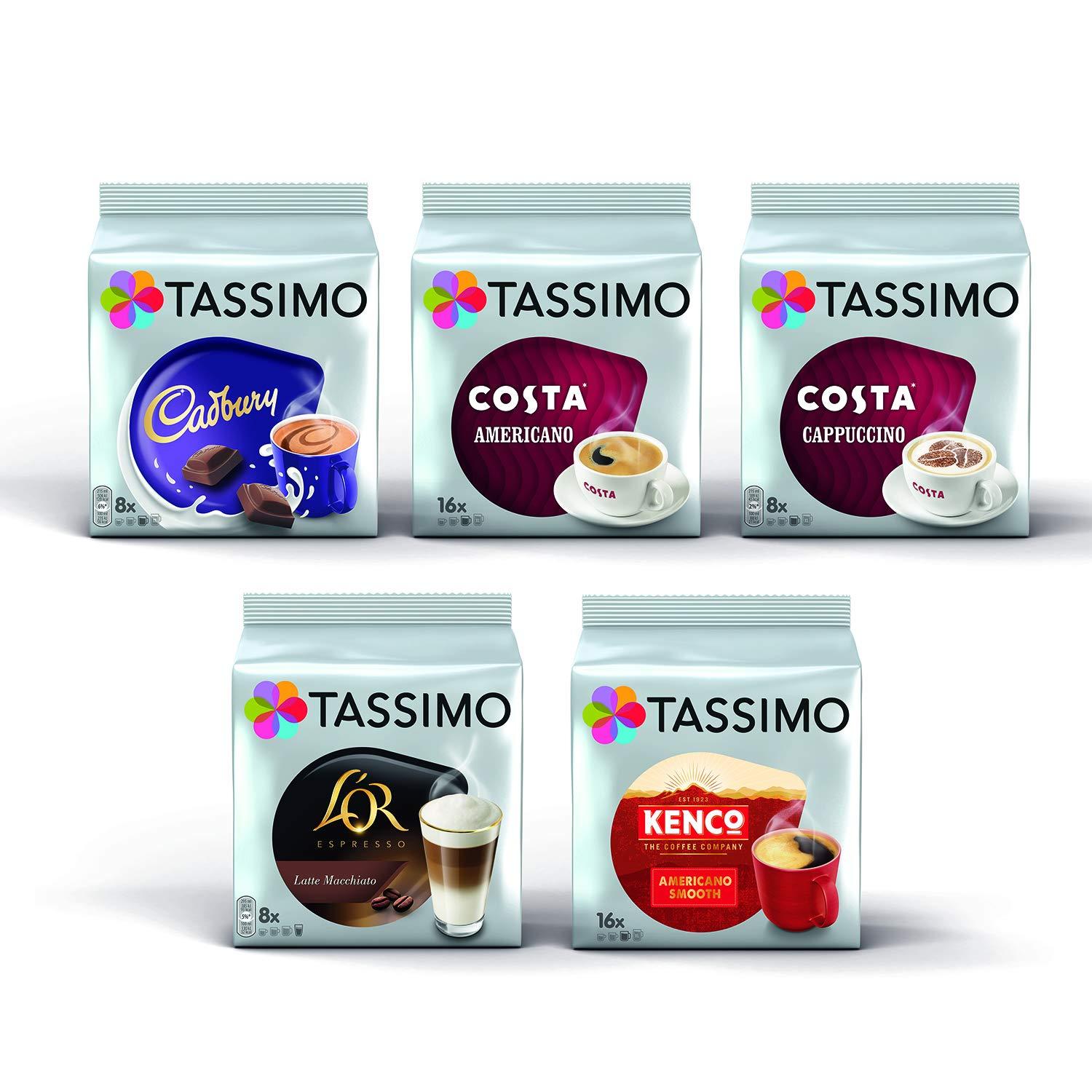 Tassimo Tassimo Coffee Selection - Costa Cappuccino/Americano/Cadbury Hot Chocolate/L'Or Latte Macchiato/Kenco Americano pods - 5 Packs (56 Servings)