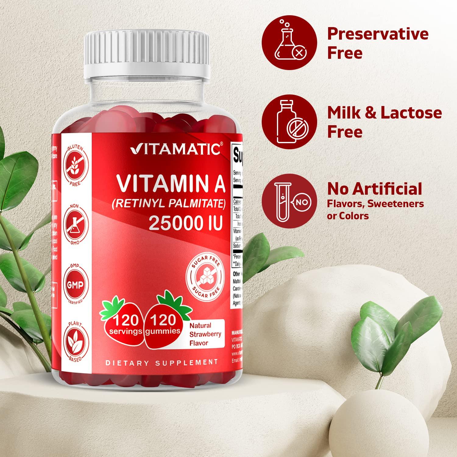 Vitamatic Vitamatic Sugar Free Vitamin A 25000 IU Gummies (Retinyl Palmitate) - Natural Strawberry Flavor - 120 Pectin Based Gummies (1 Bottle)