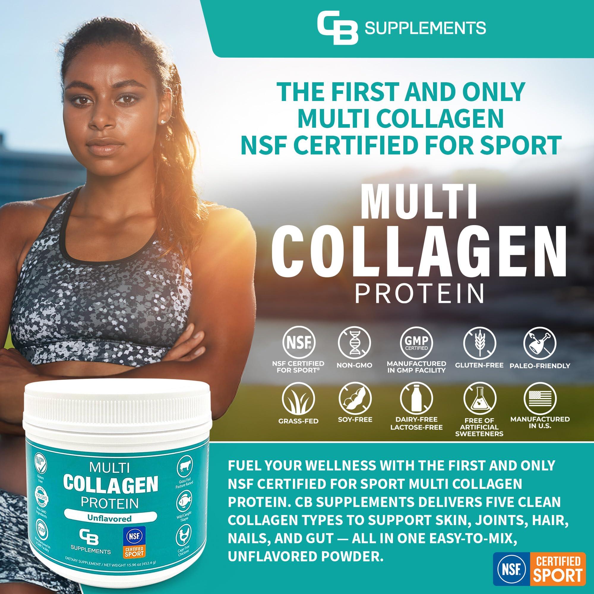 CB Supplements CB Supplements NSF Certified for Sport Multi Collagen Protein Powder Bone, Skin, Hair, and Joint Support | Hydrolyzed Collagen Supplements (58 Servings (Pack of 1), Unflavored)