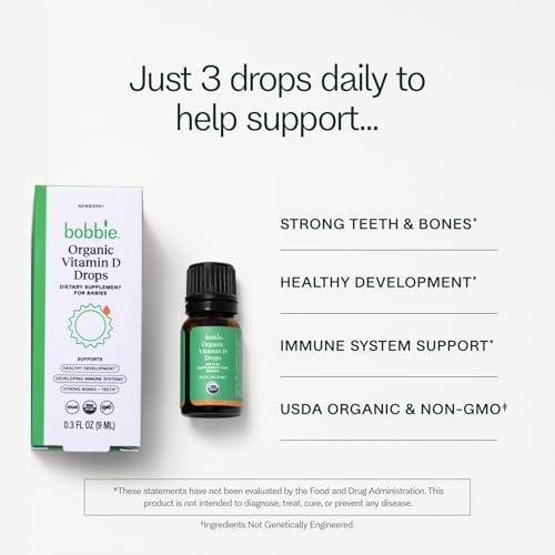 Bobbie Bobbie Organic Baby Vitamin D Drops, Daily Liquid Supplement to Support Development, Immune Health and Strong Teeth and Bones* in Newborn Babies and Infants, Vegan, Infant Vitamin D, 400 IU, 0.3 fl oz