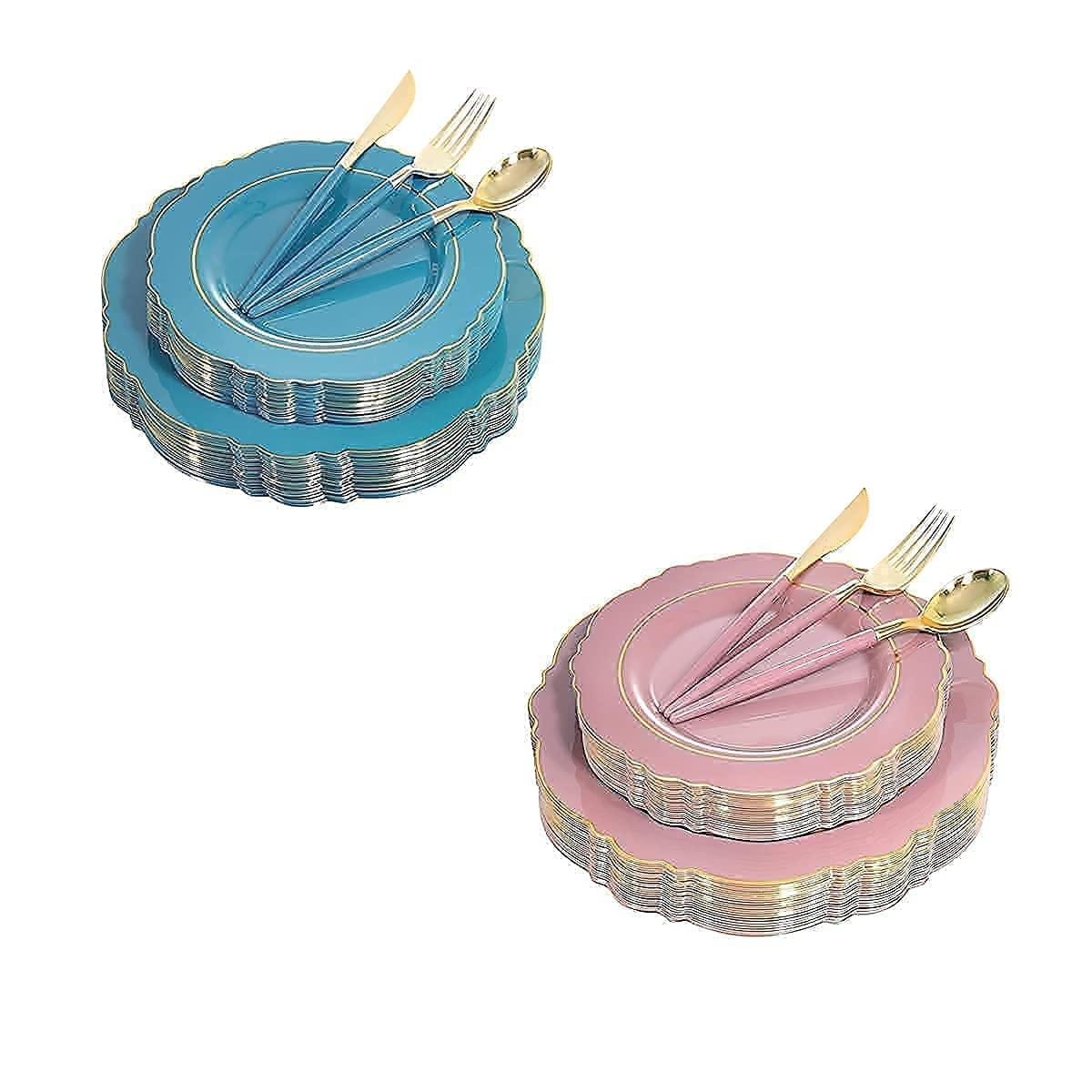 Nervure Nervure 100PCS Blue Plastic Plates With Gold Rim&Gold Disposable Silverware with Blue Handle Purple Plastic Plates 100 Packed&Gold Plastic Silverware with Purple Handle