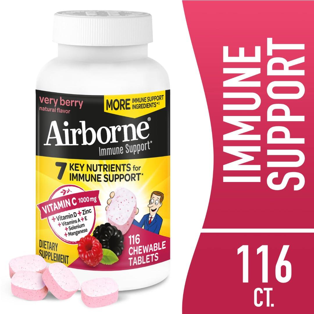 Airborne Airborne 1000mg Vitamin C + Zinc Immune Support Supplement Chewable Tablets, Very Berry Flavor with Powerful Antioxidants Vitamins A C & E, 116 Chewable Tablets (2 Pack)