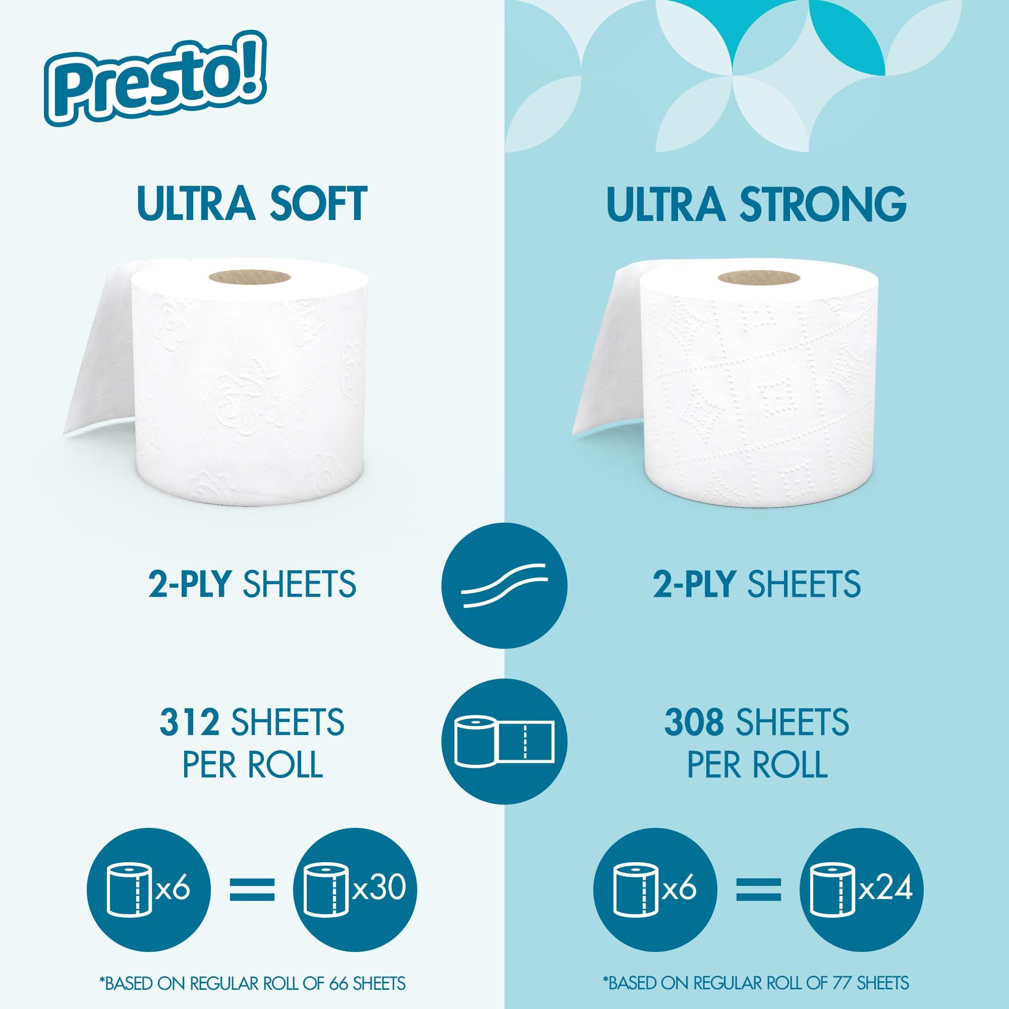 Presto! Amazon Brand - Presto! 2-Ply Ultra-Soft Toilet Paper, 24 Family Mega Rolls = 120 regular rolls, 6 Count (Pack of 4), Unscented