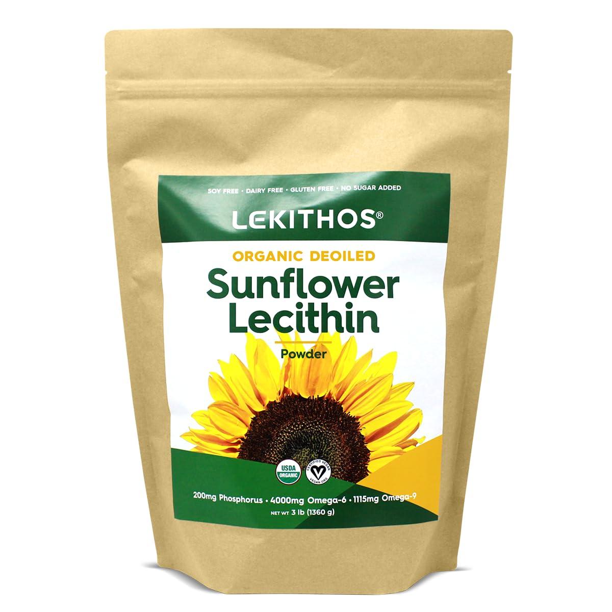 Lekithos Organic Deoiled Sunflower Lecithin Powder - Soy Free- Dairy Free - Gluten Free - No Sugar Added - USDA Organic - Vegan Certified (3lb)
