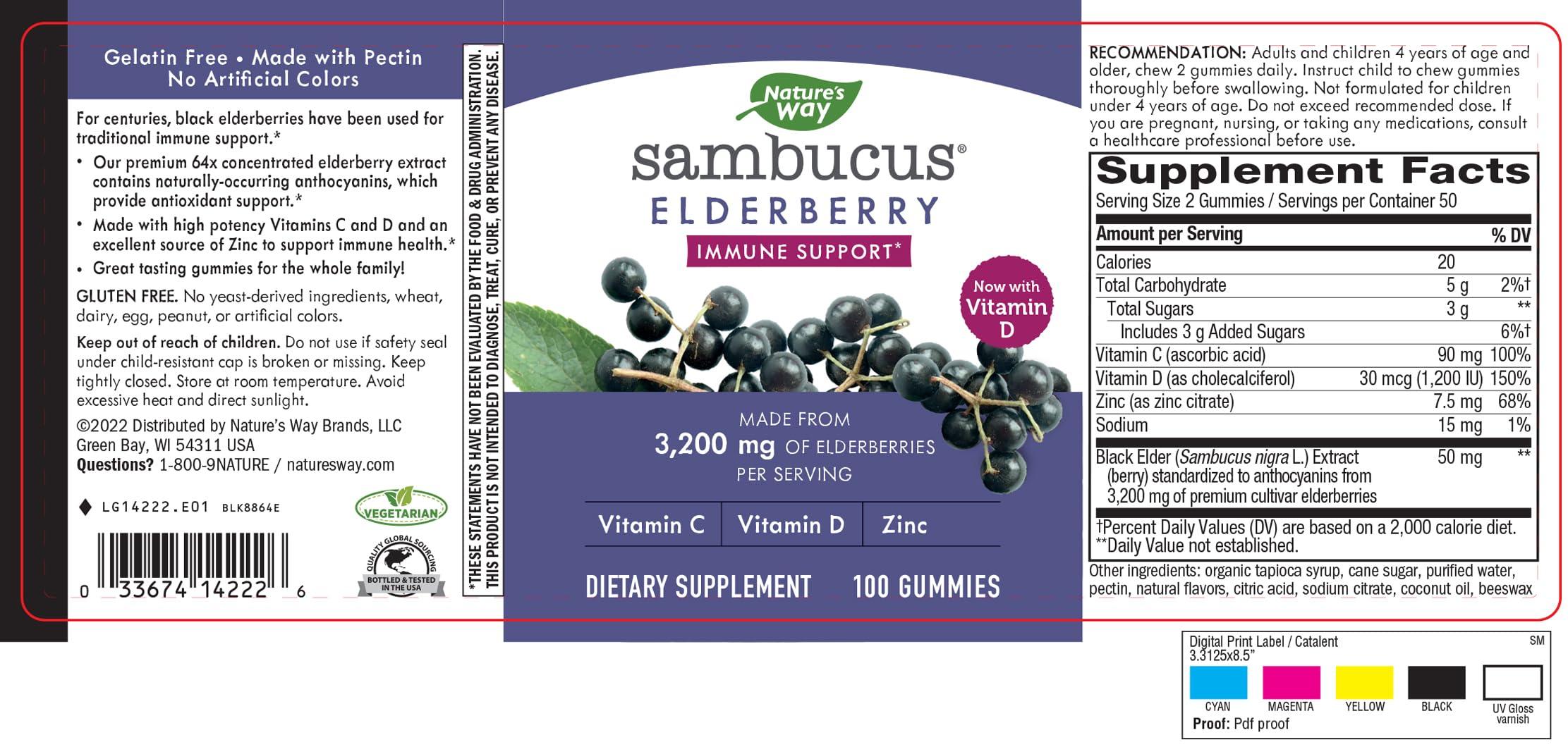 Nature's Way Nature\'s Way Sambucus Elderberry Gummies - Immune Support Supplement for Kids & Adults* - With Vitamins C, D3, Zinc & Antioxidant Support* - Gluten Free & Vegetarian - 100 Gummies