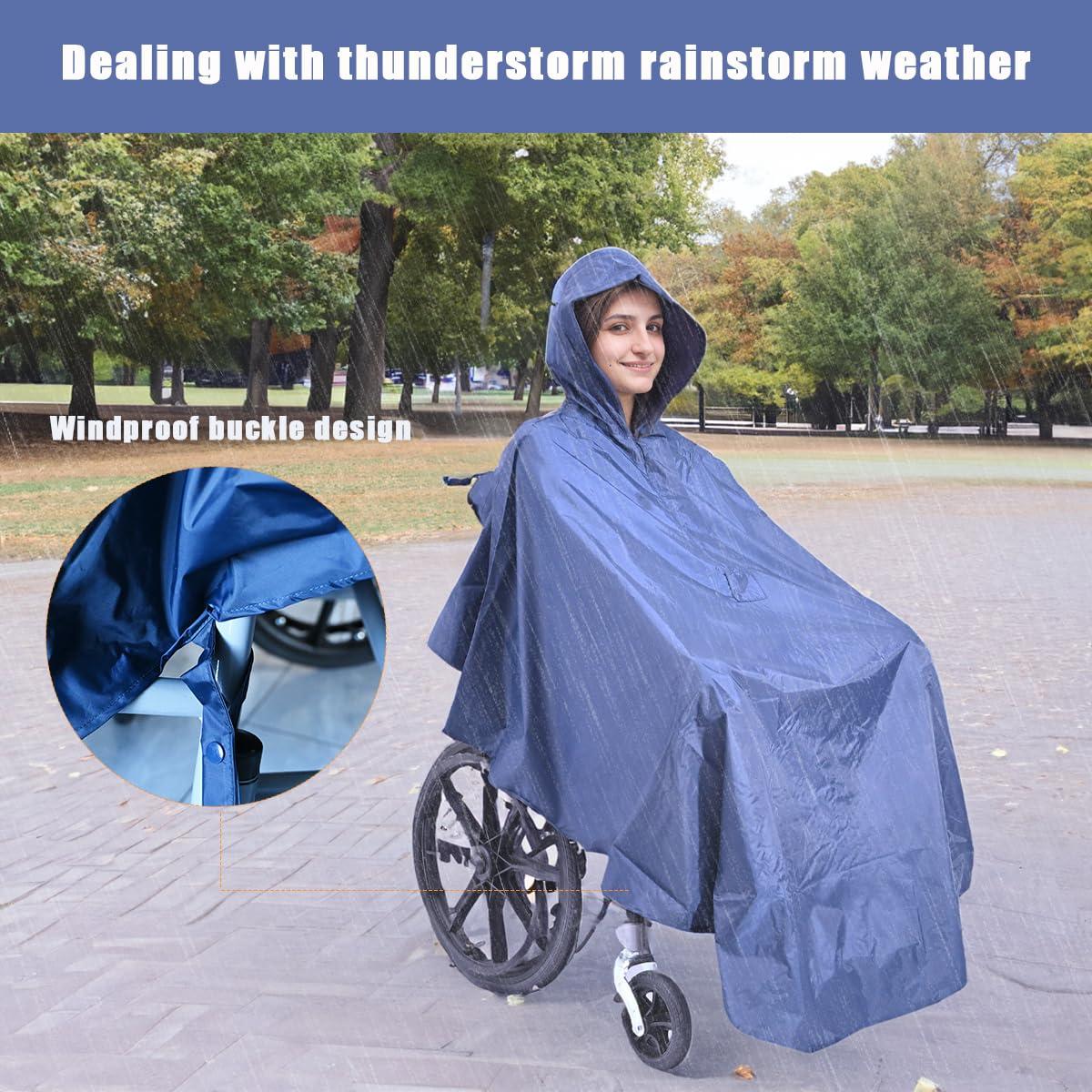 Fonakei Fonakei Wheelchair Poncho Wheelchair Covers Waterproof with Reflective Strips Rain Ponchos for Adults Reusable, Adjustable Hood,Secure Buckle Straps Black Electric Wheelchair Accessories (Navy Blue)