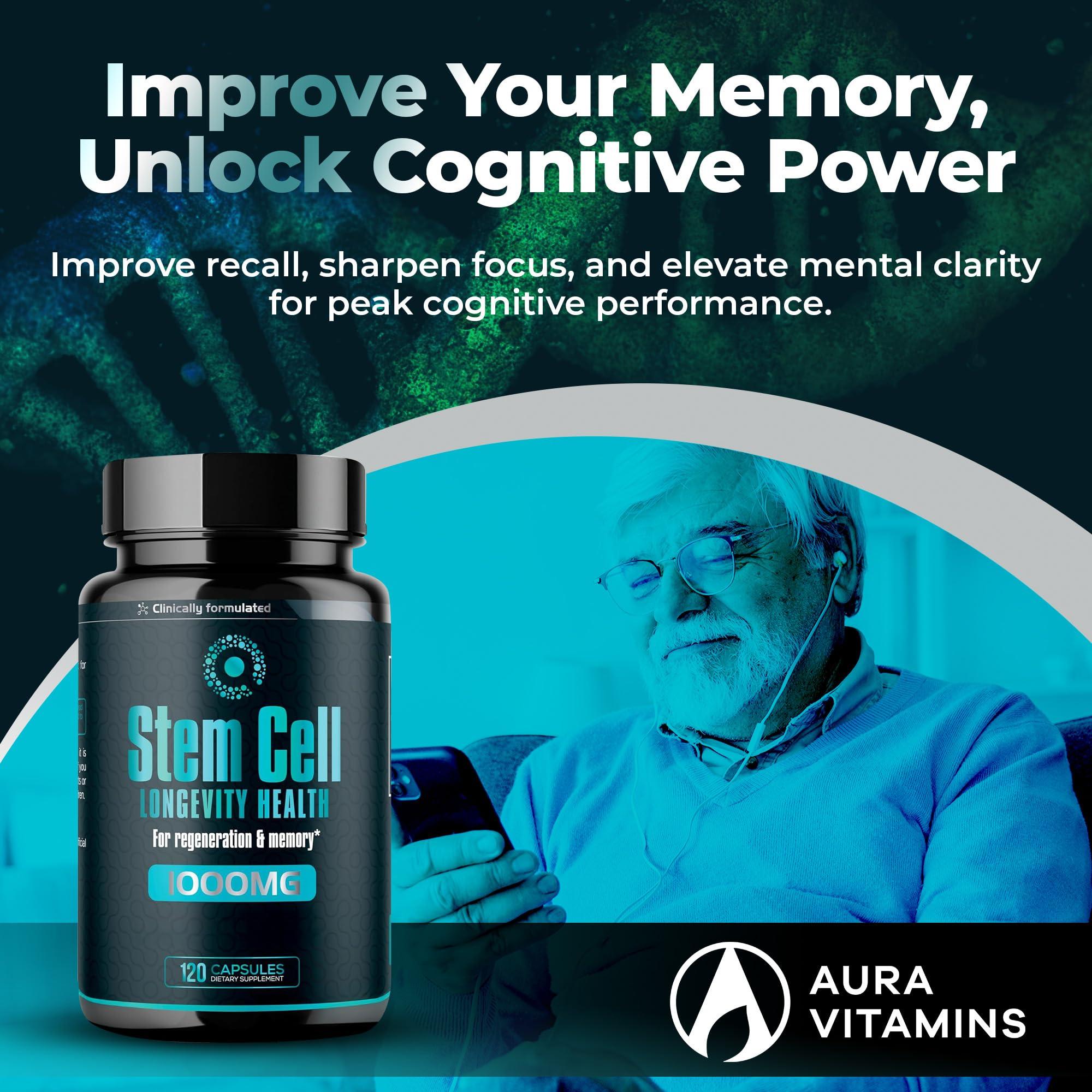 AURA VITAMINS Premium Stem Cell Supplements 1,000mg (120 Caps) Boost Immunity, Reduce Joint Soreness, Support Natural Anti-Aging & Longevity with Spirulina & Chlorella for Vitality, Celulas Madre Health Formula