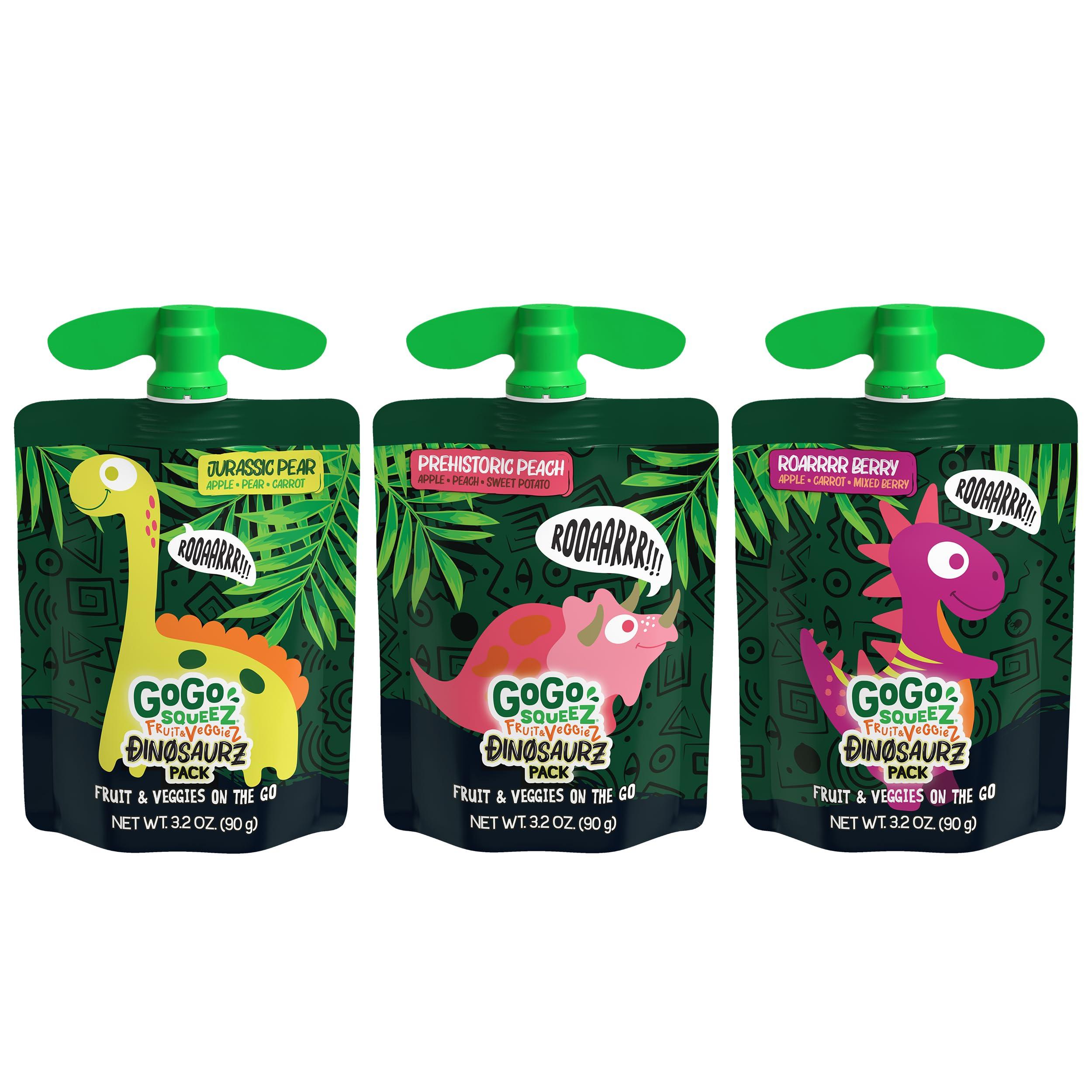 GoGo SqueeZ GoGo squeeZ Fruit & veggieZ Applesauce and Puree Variety Pack, Jurassic Pear, Roarrrr Berry & Prehistoric Peach, 3.2 oz (Pack of 20), Unsweetened Snacks for Kids, BPA Free Pouches