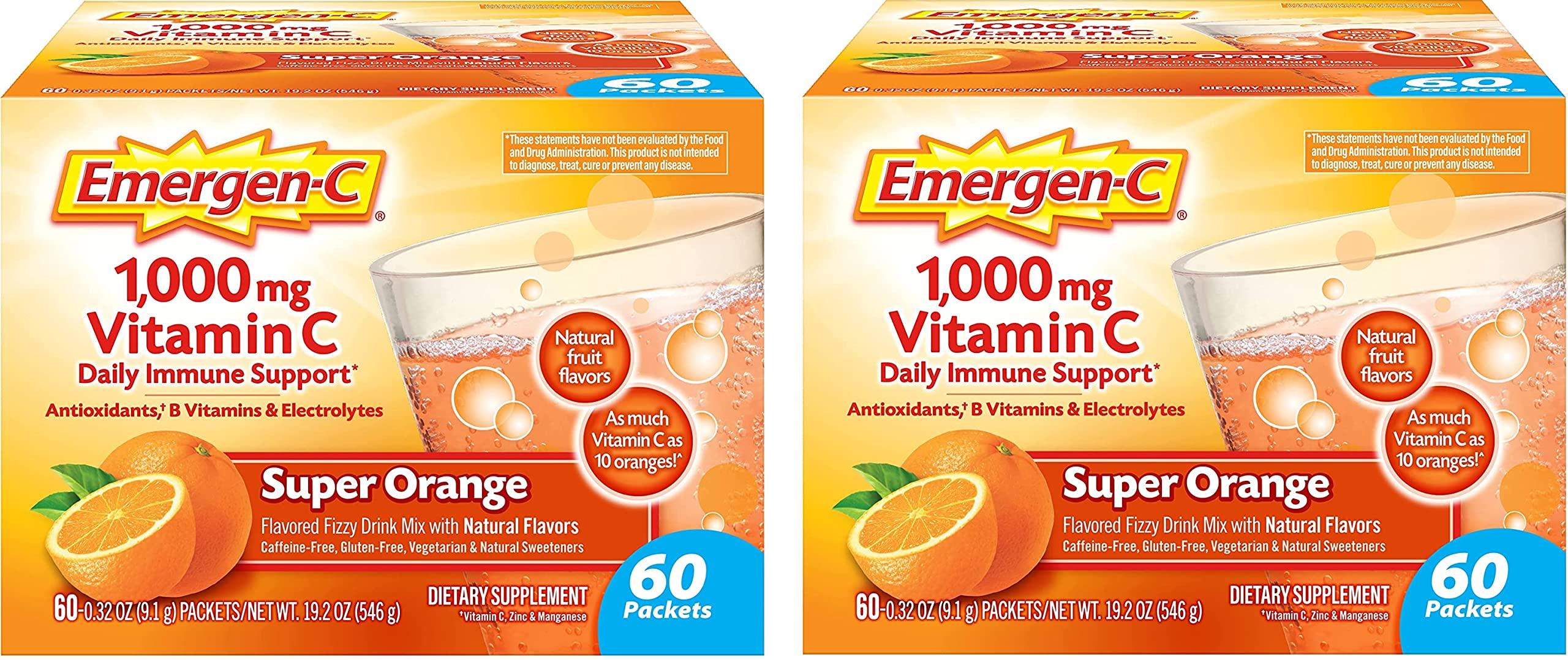 Emergen-C Emergen-C 1000mg Vitamin C Powder for Daily Immune Support Caffeine Free Vitamin C Supplements with Zinc and Manganese, B Vitamins and Electrolytes, Super Orange Flavor - 60 Count (Pack of 2)