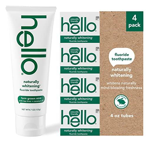 hello Hello Naturally Whitening Fluoride Toothpaste, Farm Grown Mint, Vegan, SLS Free, Gluten Free, Peroxide Free, 4.7 Ounce (Pack of 4)