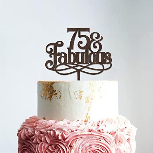 WengBeauty 75 & Fabulous Cake Toppers Brown Wood 75th Birthday Cake Decorations Supplies Happy Birthday Cake Topper Customized Age Birthday Cake Decoration Birthday Anniversary Cake Topper