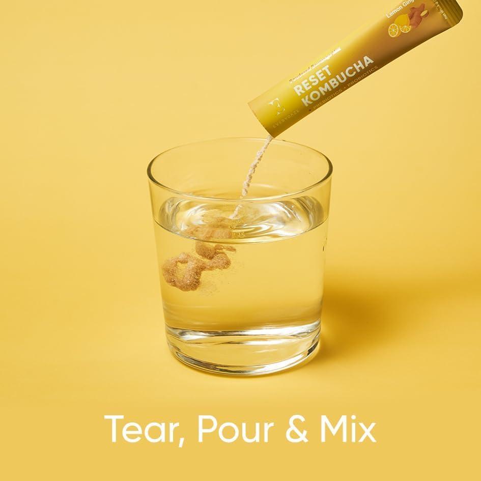 E EVERYDAZE Everydaze Reset Kombucha Tea Powdered Beverage Mix | 10 Sticks | Prebiotics + Probiotics | Vegan | No Added Sugar, Gluten Free, Sparkling Powder Drink Pack (Lemon Ginger)