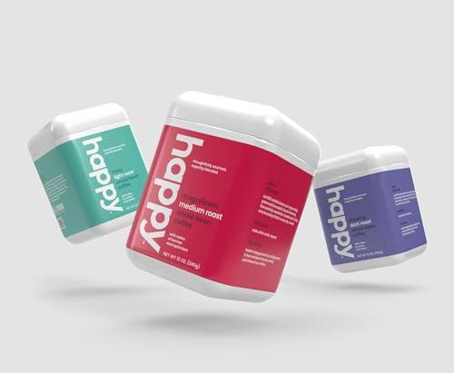 We are Happy, LLC happy coffee light roast whole bean coffee, 12 oz., notes of cashew & elation, recyclable container, grown & harvested in Colombia, Brazil & Guatemala