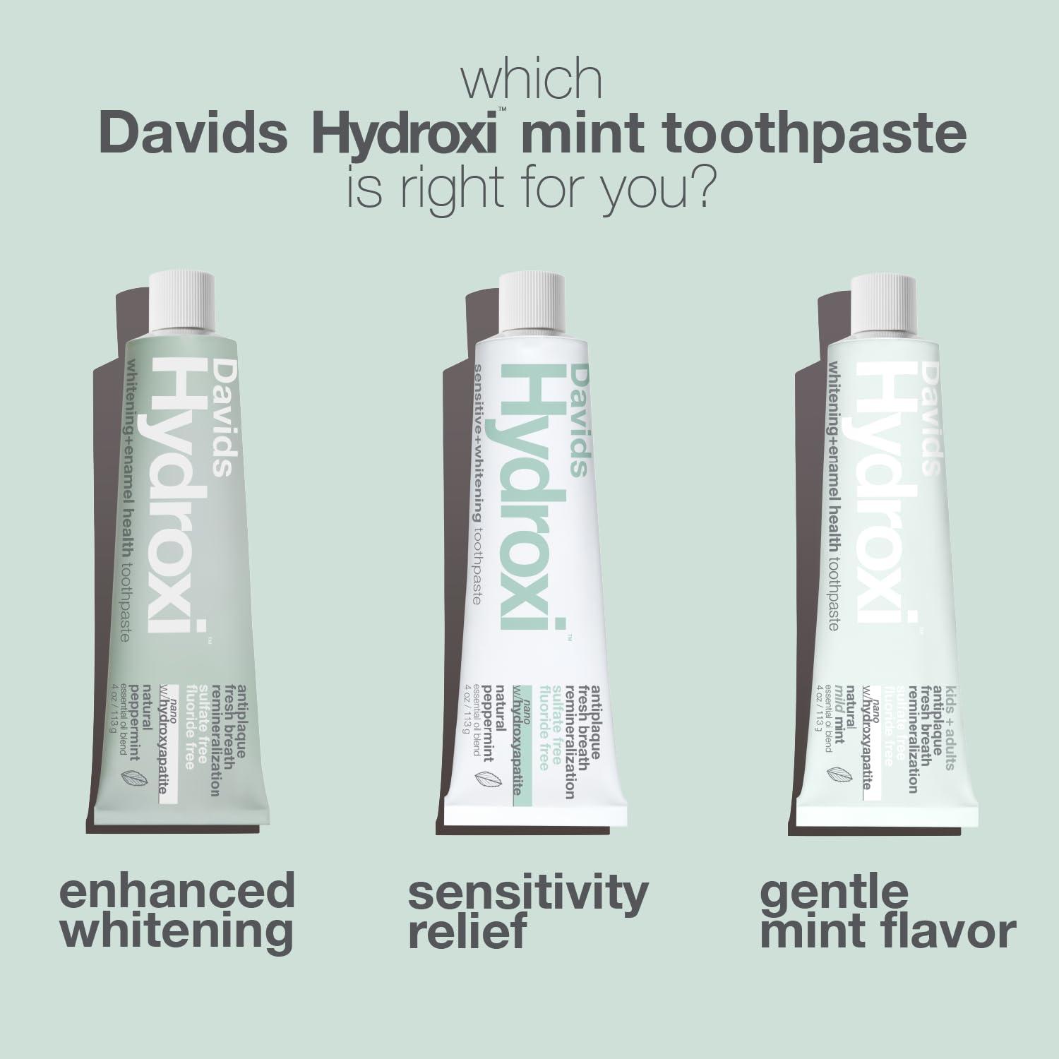 Davids Davids Hydroxi Fluoride Free Nano Hydroxyapatite Toothpaste for Remineralizing Enamel & Sensitive Relief, Whitening, Antiplaque, SLS Free, Natural Peppermint, 5.25oz, Made in USA