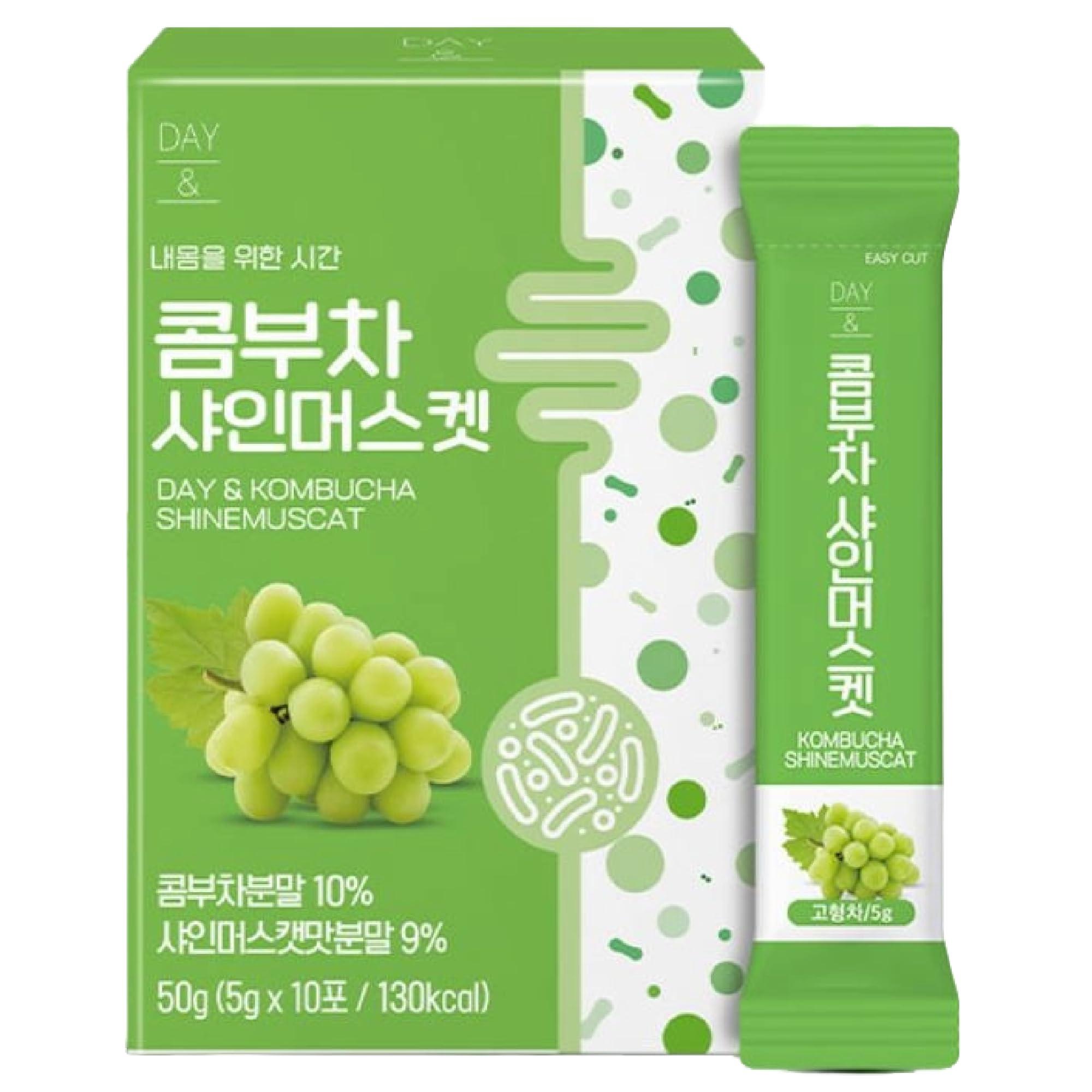 MENBLY Kombucha Powder Tea Pack Korean Healthy Beverage Juice - Korean Tea Drink Zero Sugar, Sparkling Fermented, Probiotics & Prebiotics 10 sticks (Shine muscat (green grape))