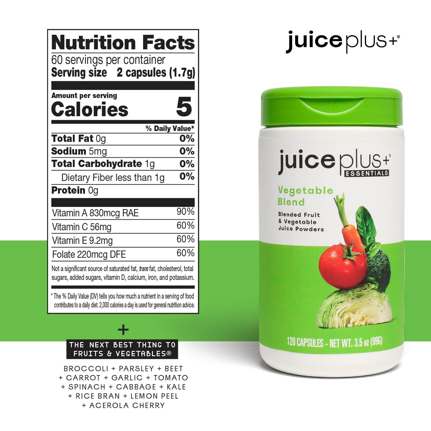 Juice Plus+ Juice Plus+ Vegetable Blend - Whole Food Vegetable Powder in Convenient Capsules - Includes Nutrients from Spinach, Kale, Broccoli, Carrot, Garlic and More - Vegan, Non-GMO - 120 Capsules