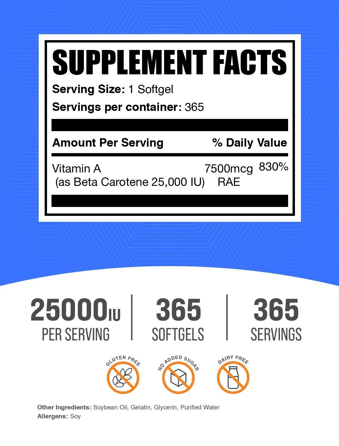 BulkSupplements BulkSupplements.com Beta Carotene 25000 IU Softgels - Vitamin A Supplement, Beta Carotene Supplements - for Eye Support, Gluten Free, 1 Softgel per Serving, 365 Count (Pack of 1)