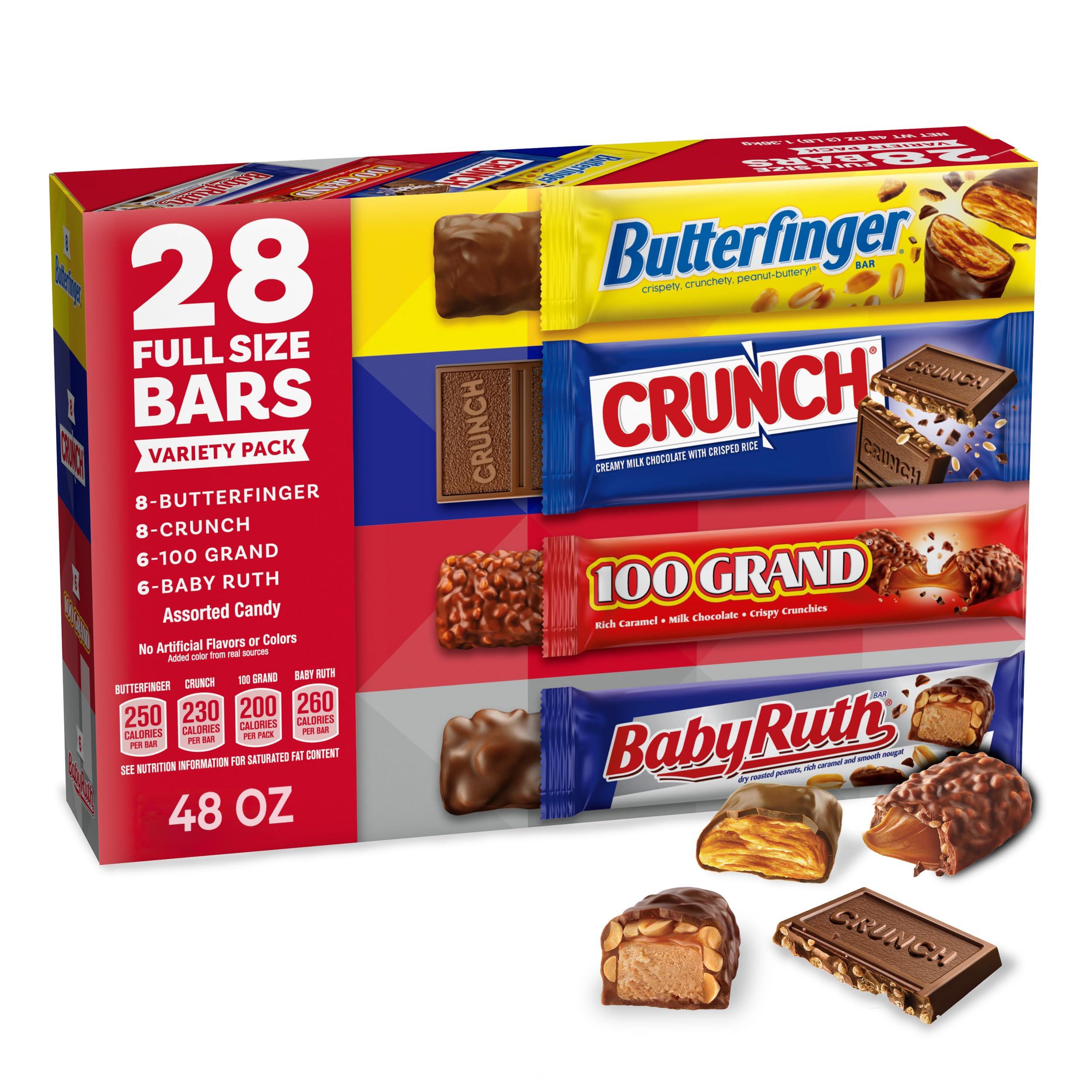 Butterfinger Butterfinger, CRUNCH, Baby Ruth and 100 Grand, Bulk 28 Pack, Assorted Full Size Chocolate Candy Bars, Stocking Stuffers, 48 oz