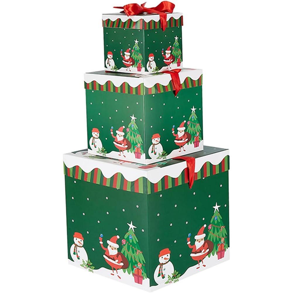 JOYWU JOYWU Christmas Stackable Gift Boxes Set with Lids and Red Rope,3 Pcs Xmas Nesting Box for Gift Wrapping,Square Santa Snowman Xmas Tree Stacking Small Gift Boxes,Christmas Decorative Boxes (Green)